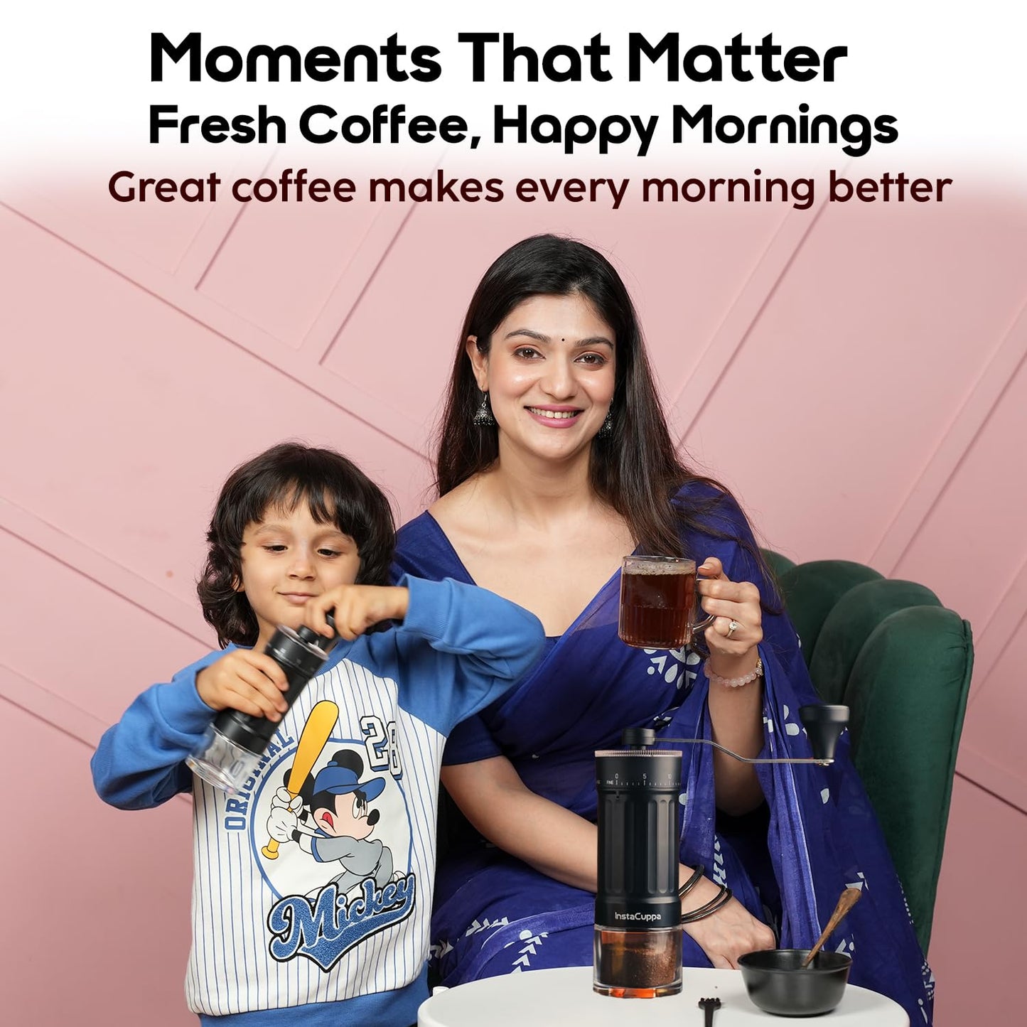 InstaCuppa Manual Coffee Bean Grinder with 40 Adjustable Grind Settings, Ceramic Burr Mill, Glass Jar, Fresh Grind for Espresso, French Press, Pour Over, Cold Brew – Portable & Easy to Clean