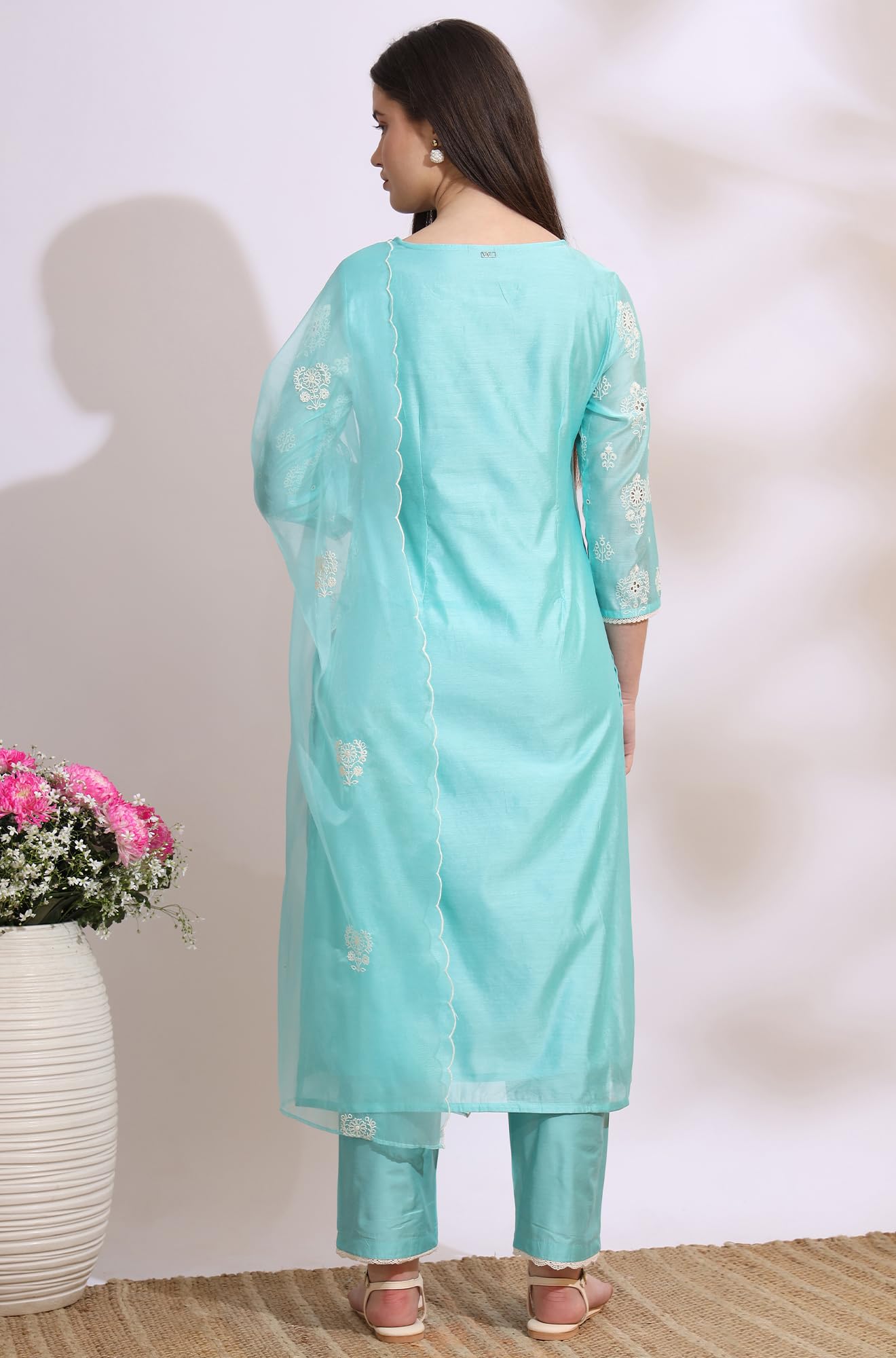 W for Woman Turquiose Blue Schiffli Embroidered Straight Kurta, Pants and Dupatta Set (Size: M)-WS12329-400786