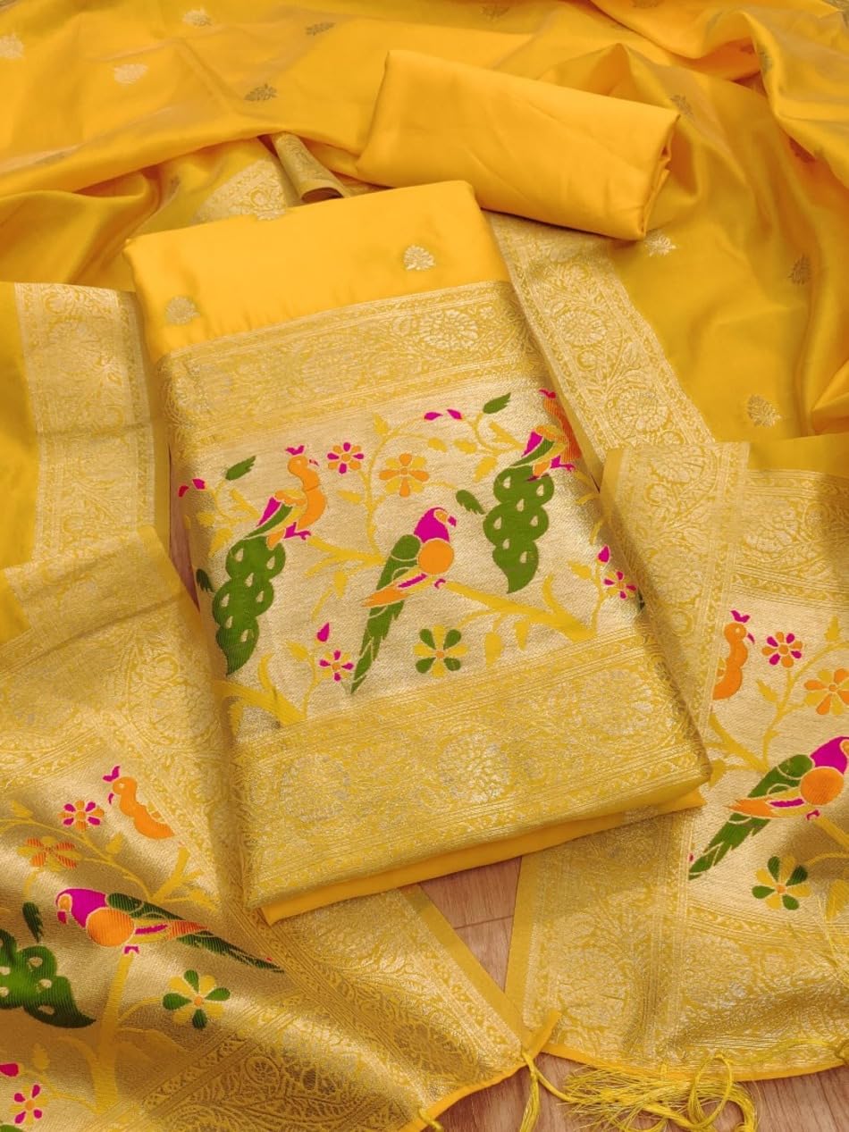 SHANTVAN GALLERY Pure Zari Banarasi Silk Suit Dress Material for Woman Parrot Design Banarasi Dress Materials for Women Unstitched Silk Top Bottom Dupatta Set for Functions and Traditional Styling