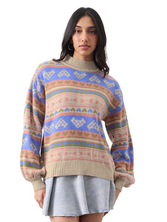 The Souled Store Knitted Sweater: Coral Clay Women and Girls Long Sleeves Mock Neck Geometric Printed Acrylic Oversized Fit Ribbed Hem Casual Winter Pullover Oversized Sweater