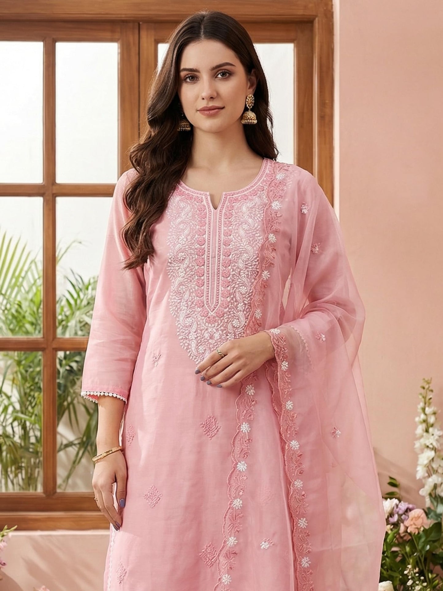 INDO ERA Women's Silk Blend Embroidered Ethnic Motifs Round Neck Straight Calf Length Kurta Pant with Dupatta (Pink_BB9KH371_Large)