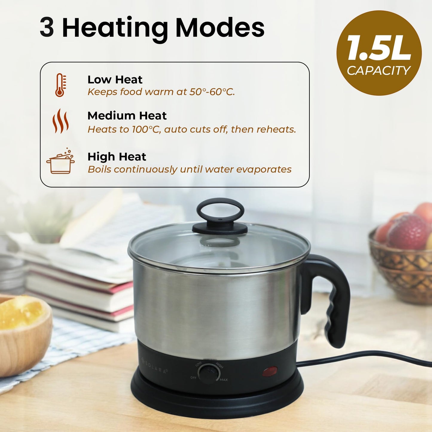 SOLARA Electric Kettle Multipurpose 1.5 Litre, 600 Watts, Stainless Steel Body with Glass Lid, 3 Boiling Modes, for Hot Water, Milk, Tea, Coffee, Cooking Oats, Noodles, Soup, Egg Boiler Machine-Black