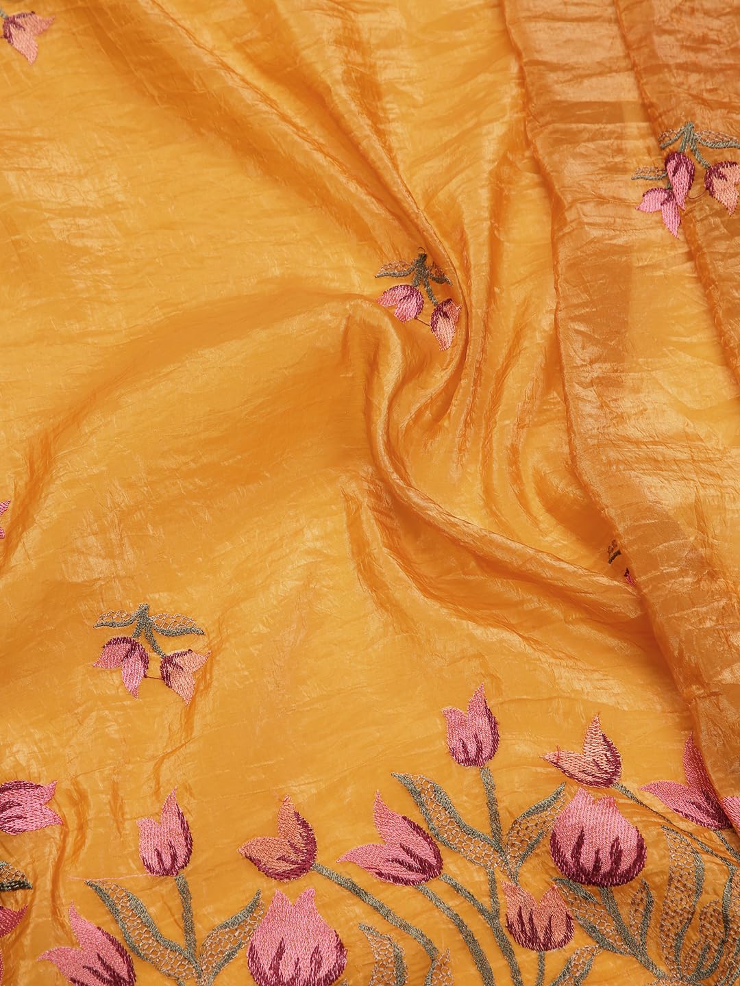 Kalyan Silks Dark Mustard Yellow Crush Organza Saree With Embroidery All Over Design