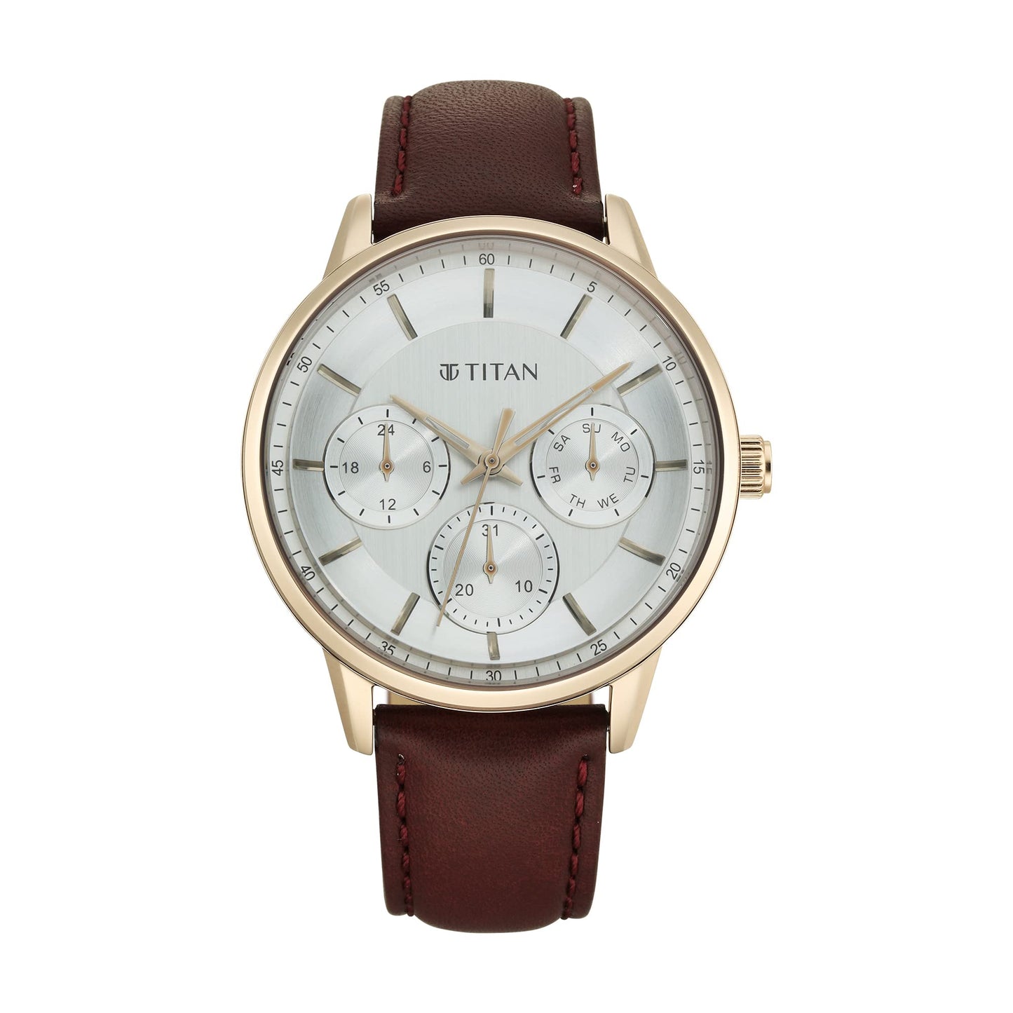 Titan Urban Magic Quartz Multifunction Silver Dial Brown Leather Strap Watch for Men - NT90133WL01