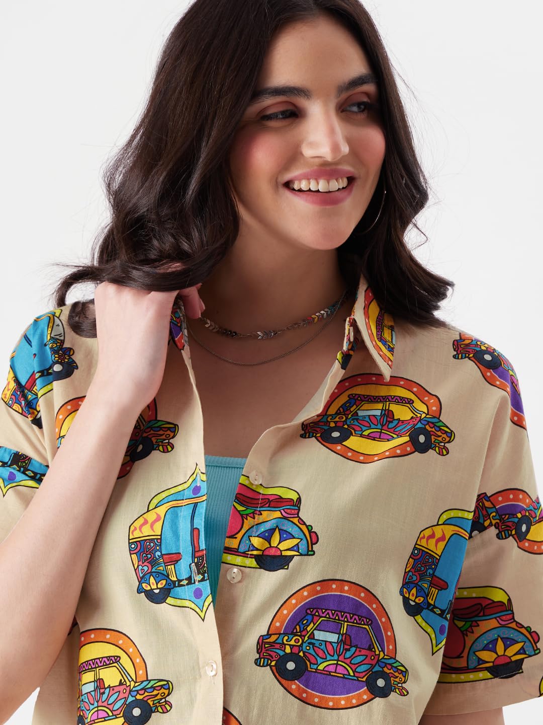 The Souled Store TSS Originals: Desi Paintwork Womens Loose Fit Graphic Printed Half Sleeve Cotton Pink Women Summer Shirts Shirts Casual Button-Down Half Sleeve Printed Graphic Short Sleeve Casual