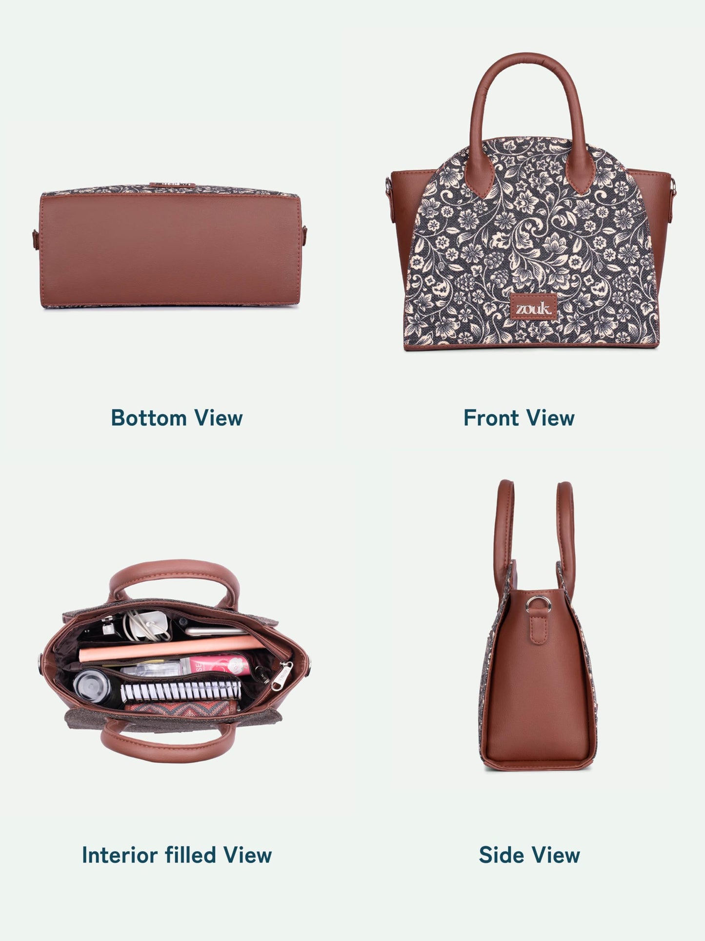 ZOUK Konkona City Satchel Bag - FloMotif | Jute | Vegan Leather Handcrafted With Detachable Sling Strap | Black