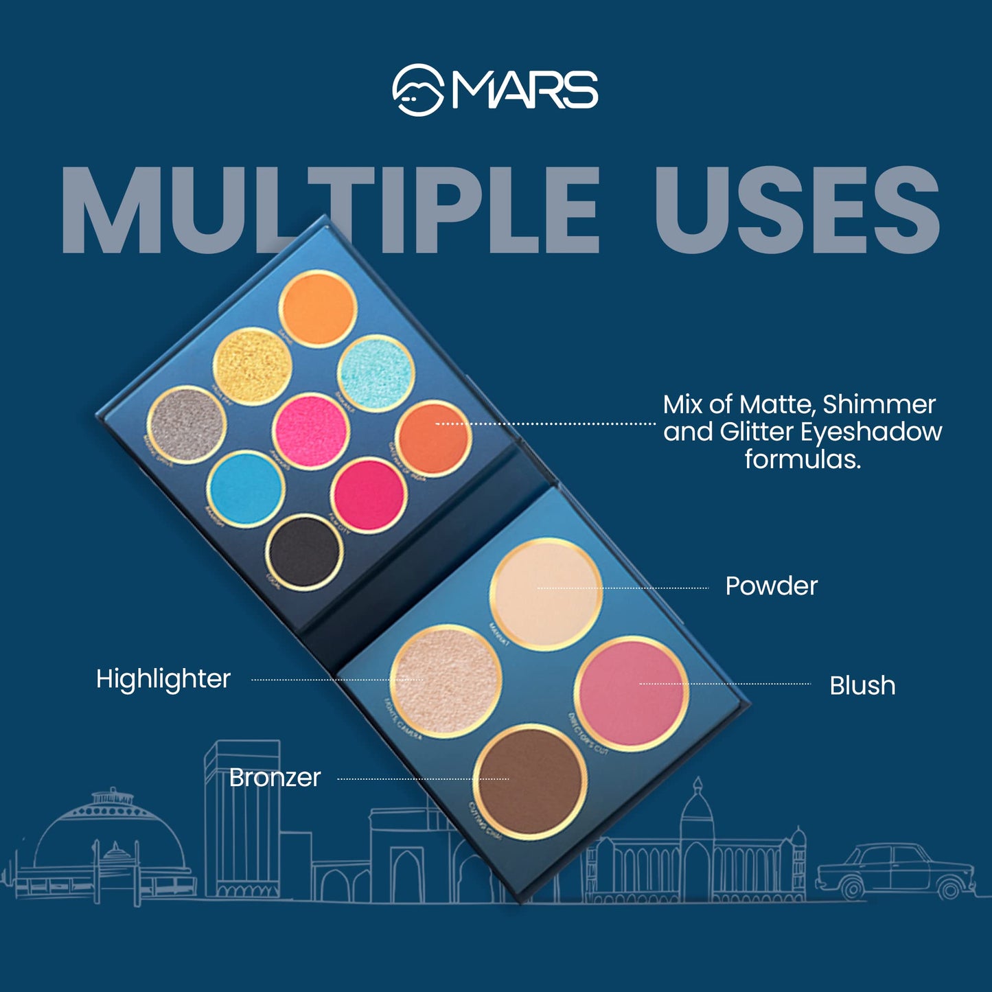 MARS The City Paradise Makeup Kit | Highly Pigmented and Blendable | 9 Eyeshadow Palette with 1 Highlighter, Blusher, Bronzer & Compact Powder each (16.0 gm) (06-Bengaluru)