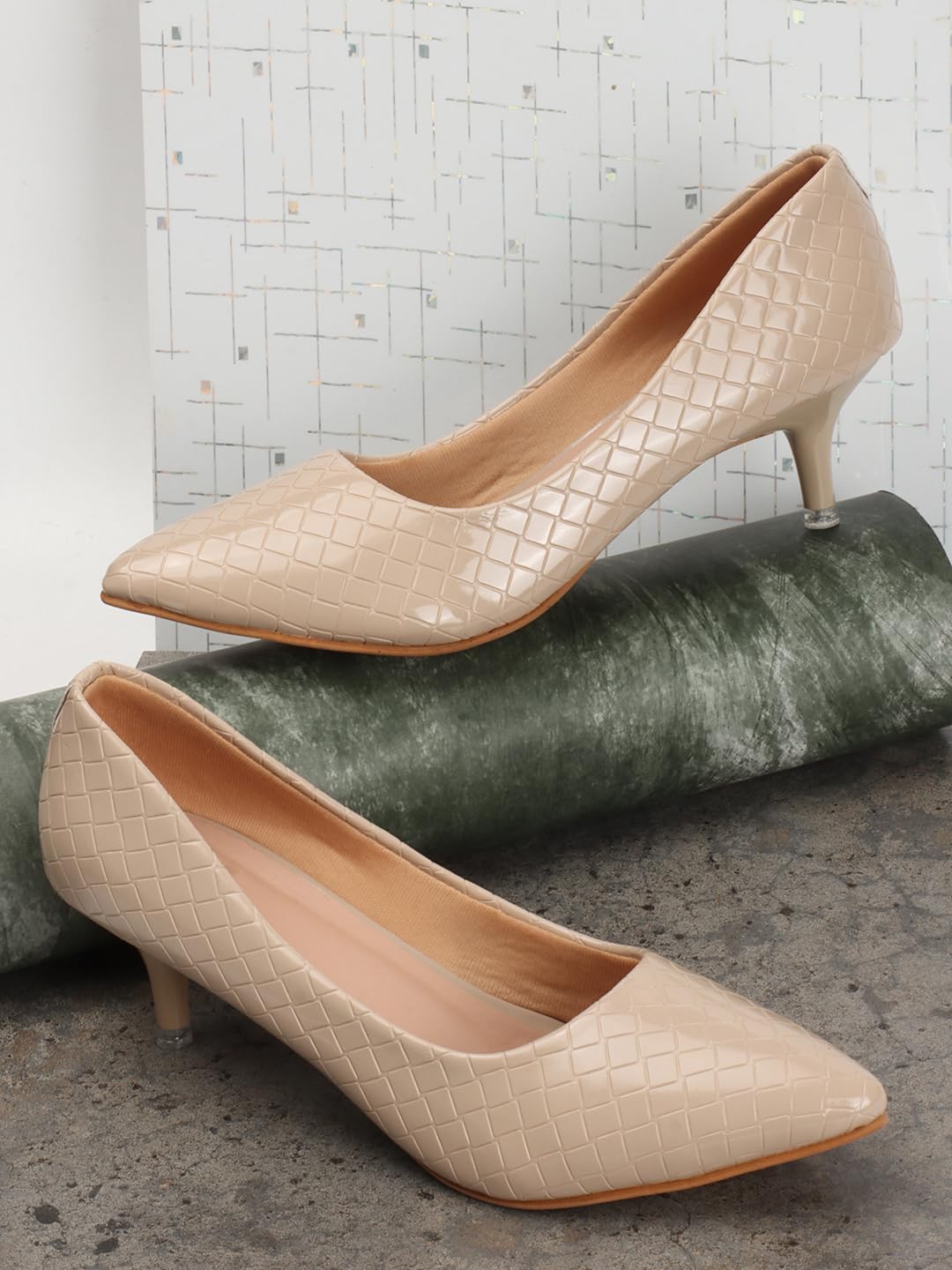 Carlton London Women Beige Stylish Slip-on Pump Shoes with Stiletto Heels, Pointed Toe (38)