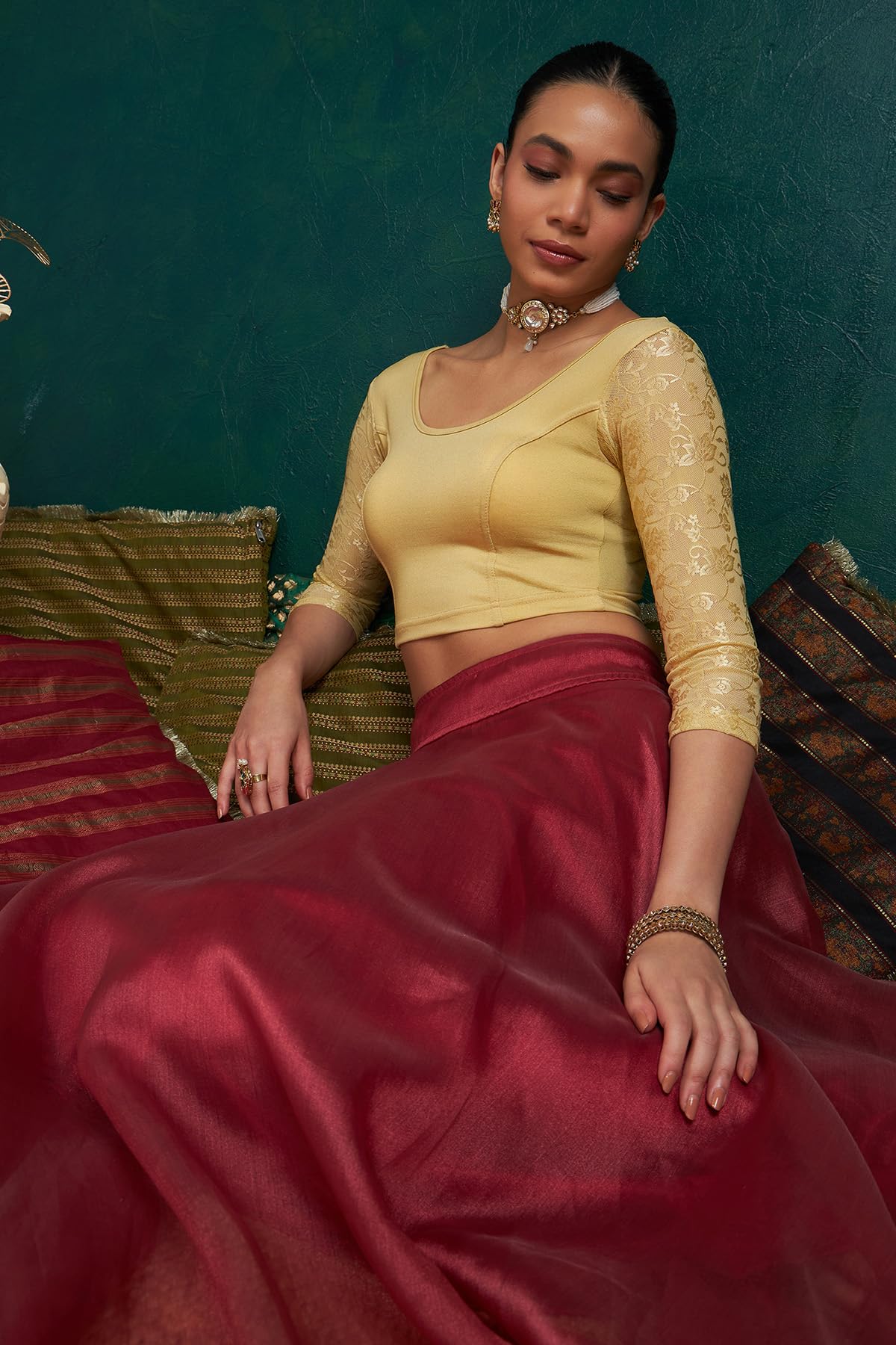 Soch Gold Spandex Prince Cut Blouse with Floral Sleeves