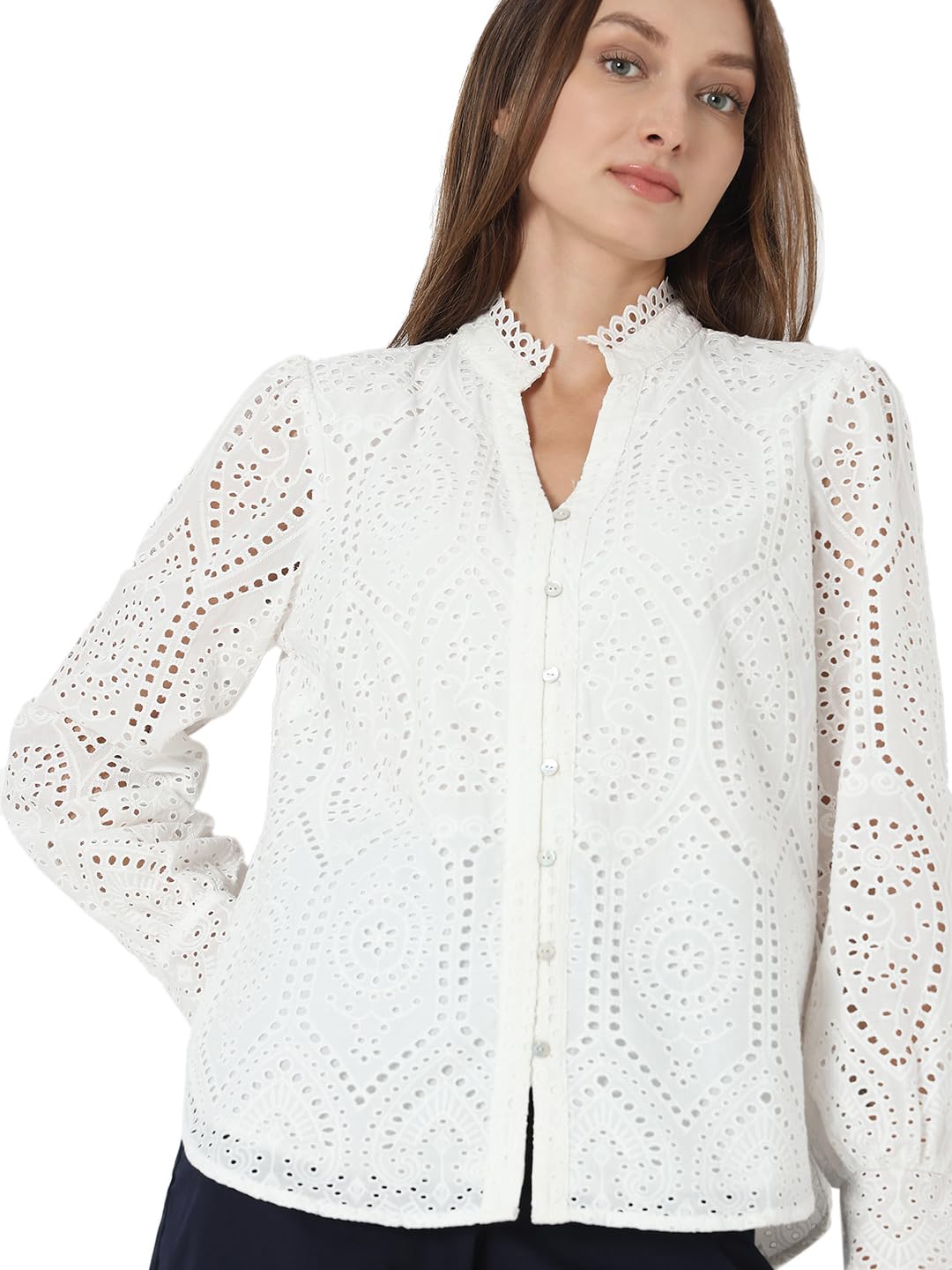 VERO MODA Women Self Design White Cotton Regular Fit Shirt