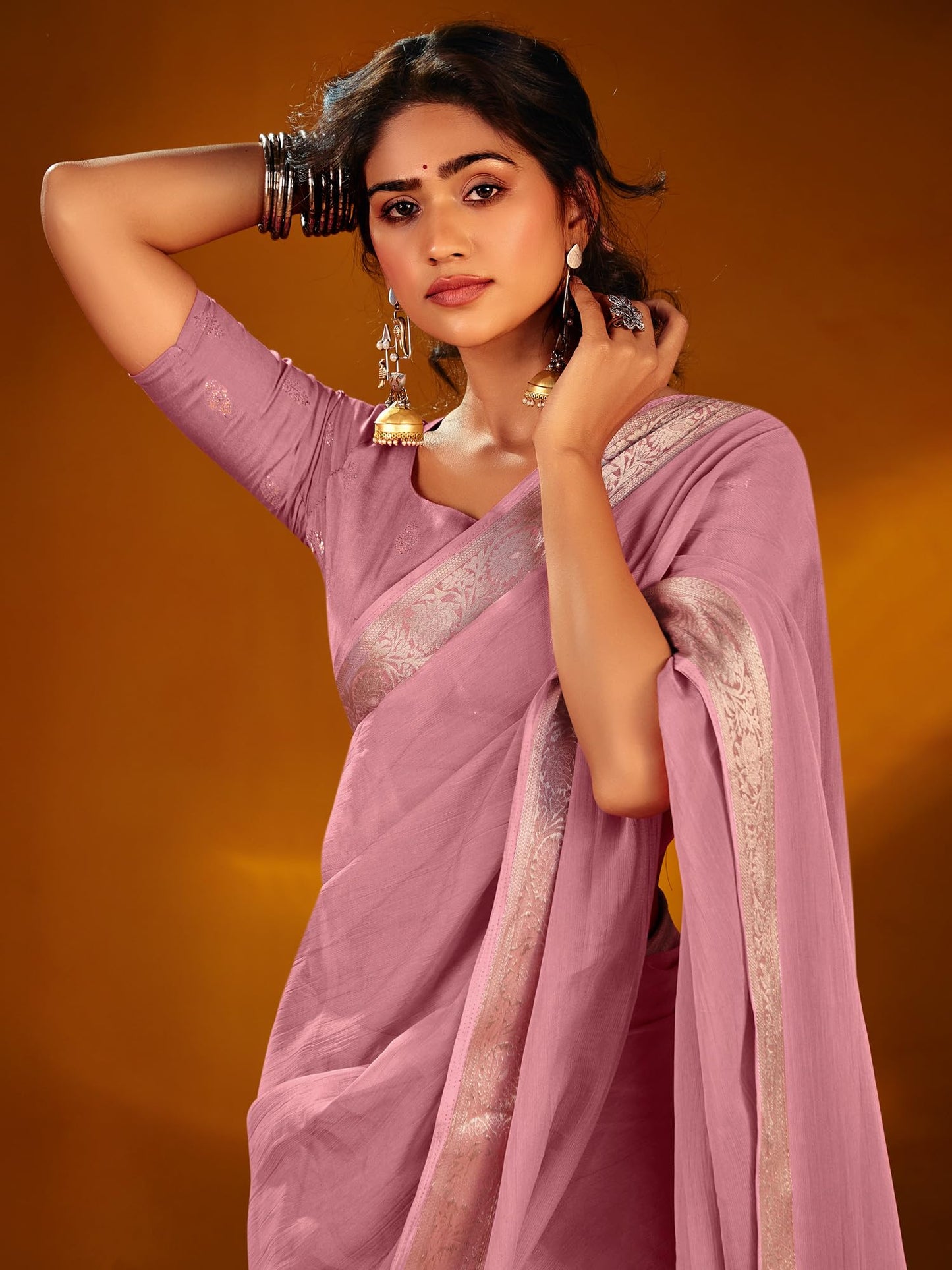 AKHILAM Women's Pink Chiffon Solid Saree With Unstitched Blouse Piece | saree for woman | Designer Saree for Women | Soft and Skin Friendly (PARVTHI1008_SR)