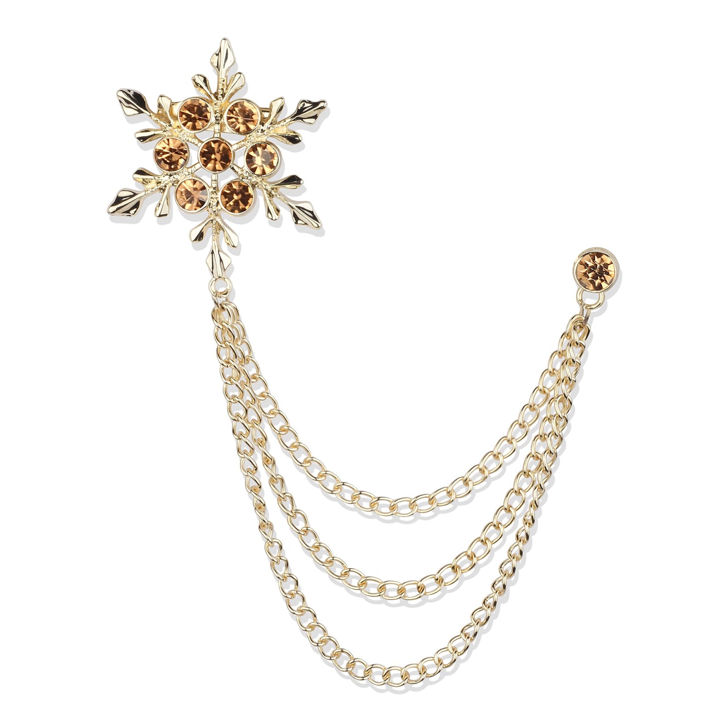 Panjatan Men's Gold Stone Studded Snowflake Brooch with Golden Chain – Elegant Lapel Pin for Suit, Blazer & Coat (Gold)