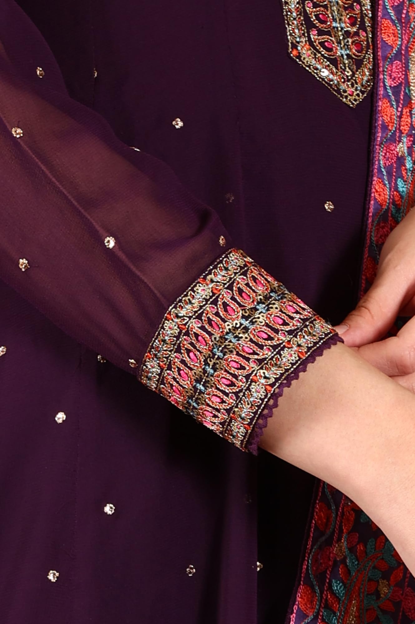 W for Woman Wishful Purple Thread Embroidered Georgette Anarkali Kurta, Churidar and Dupatta Set (Size: XL)-24AUSP10922-400556