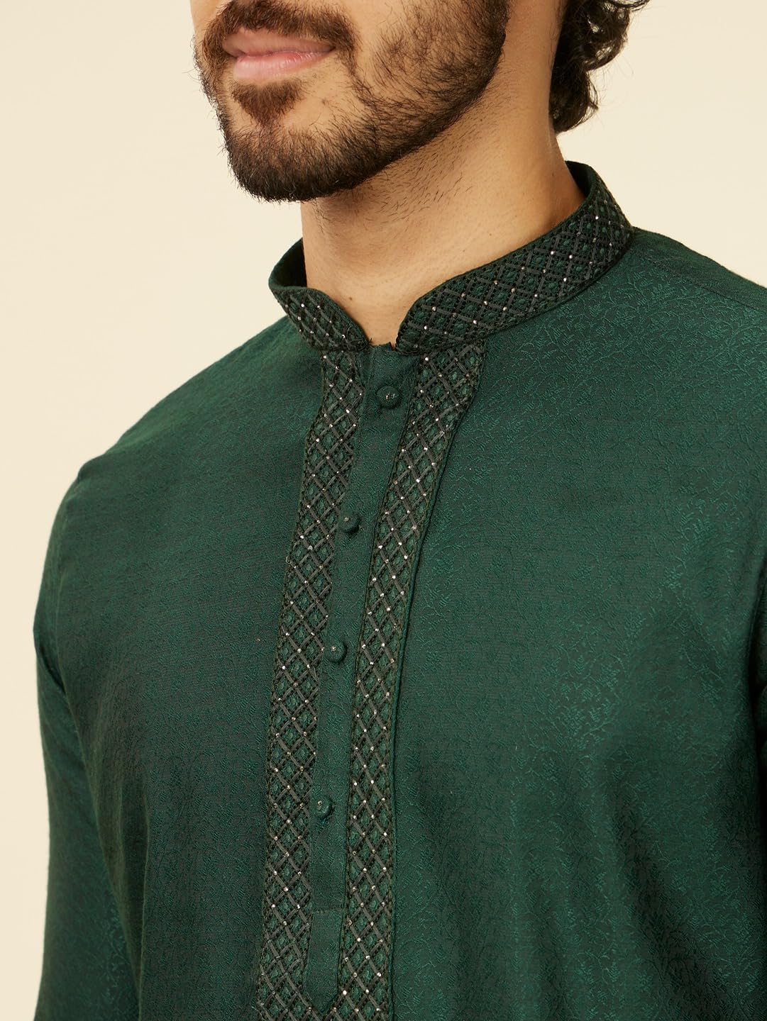 Manyavar Dark Green Blended Viscose Jacquard|Self Texture Kurta Pyjama Set for Men