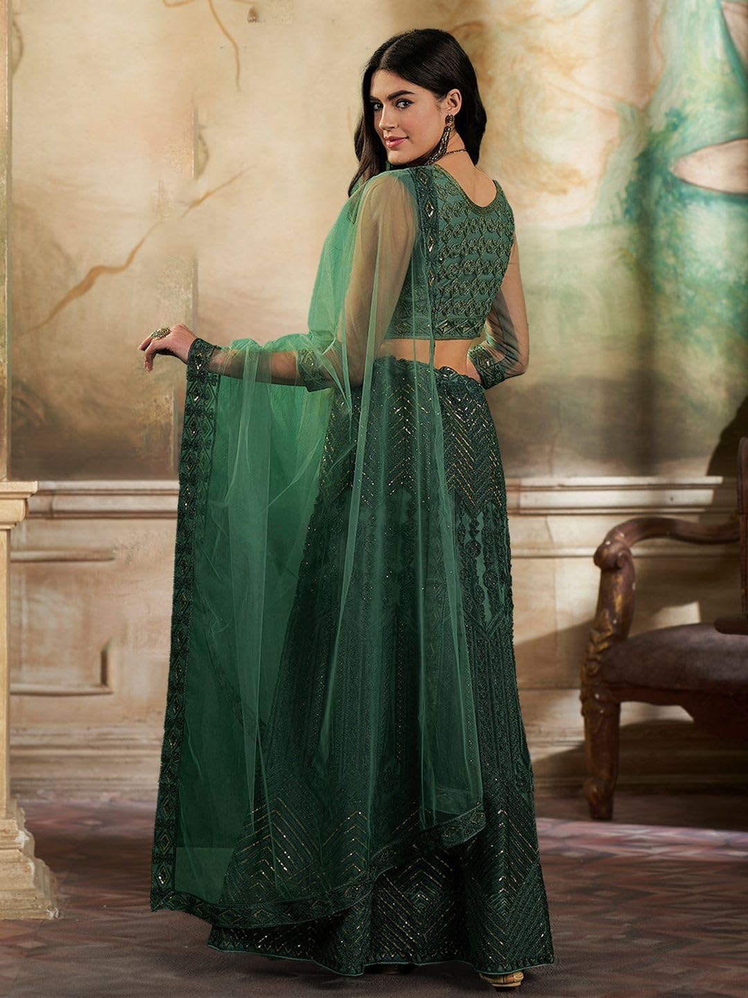 VARNI FABRICS: A lady's First Love Embroidered Lehenga Choli Set with Dupatta, Green and Gold, Zari Work, Semi-Stitched