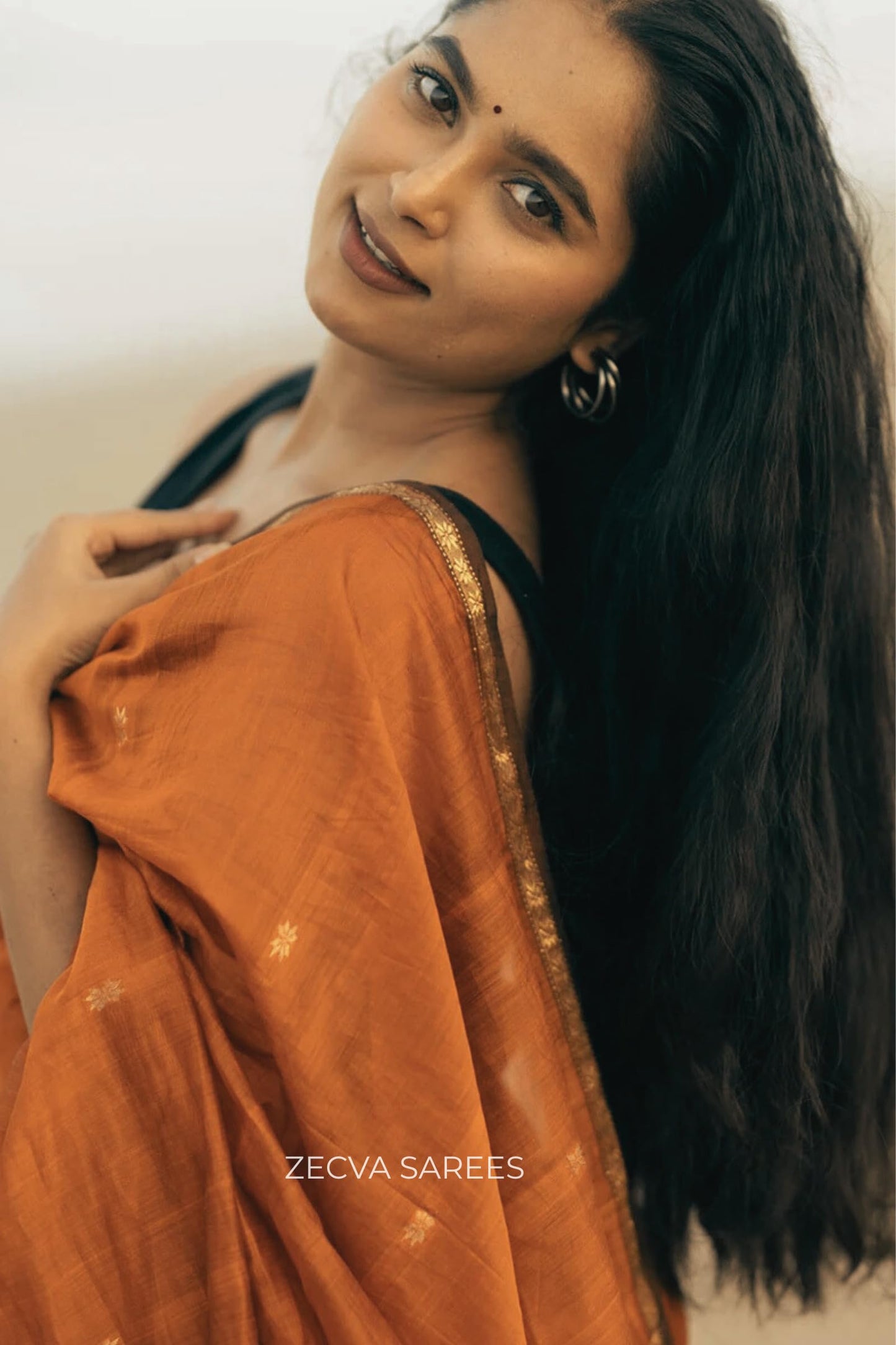 ZECVA Women's Pure Spun Linen Cotton Lichi Silk Saree With Attach Unstitch Blouse Piece (DARK ORANGE BLACK)