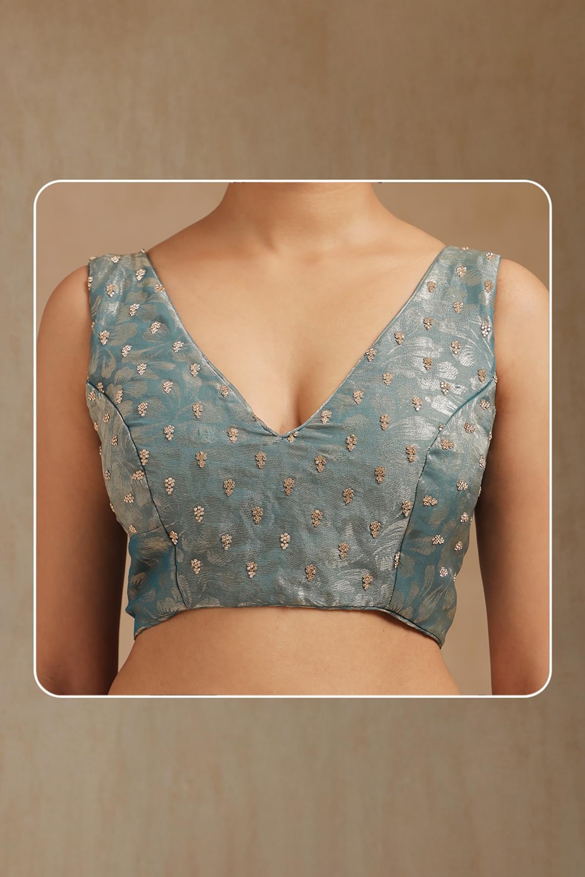 Soch Womens Teal Blue Fendy Chiffon Woven Design Saree With Stone Work