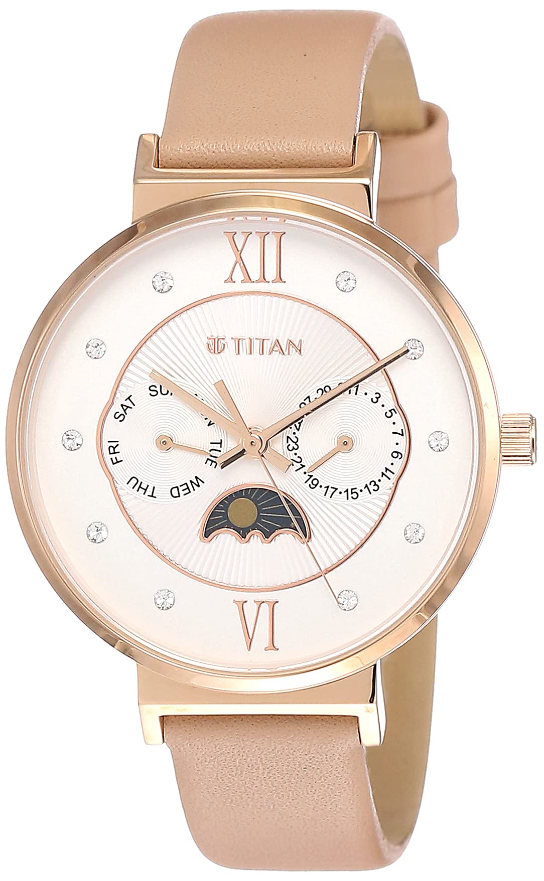 Titan Slimline Quartz Multifunction White Dial Pink Leather Strap Watch for Women - NT95144WL01