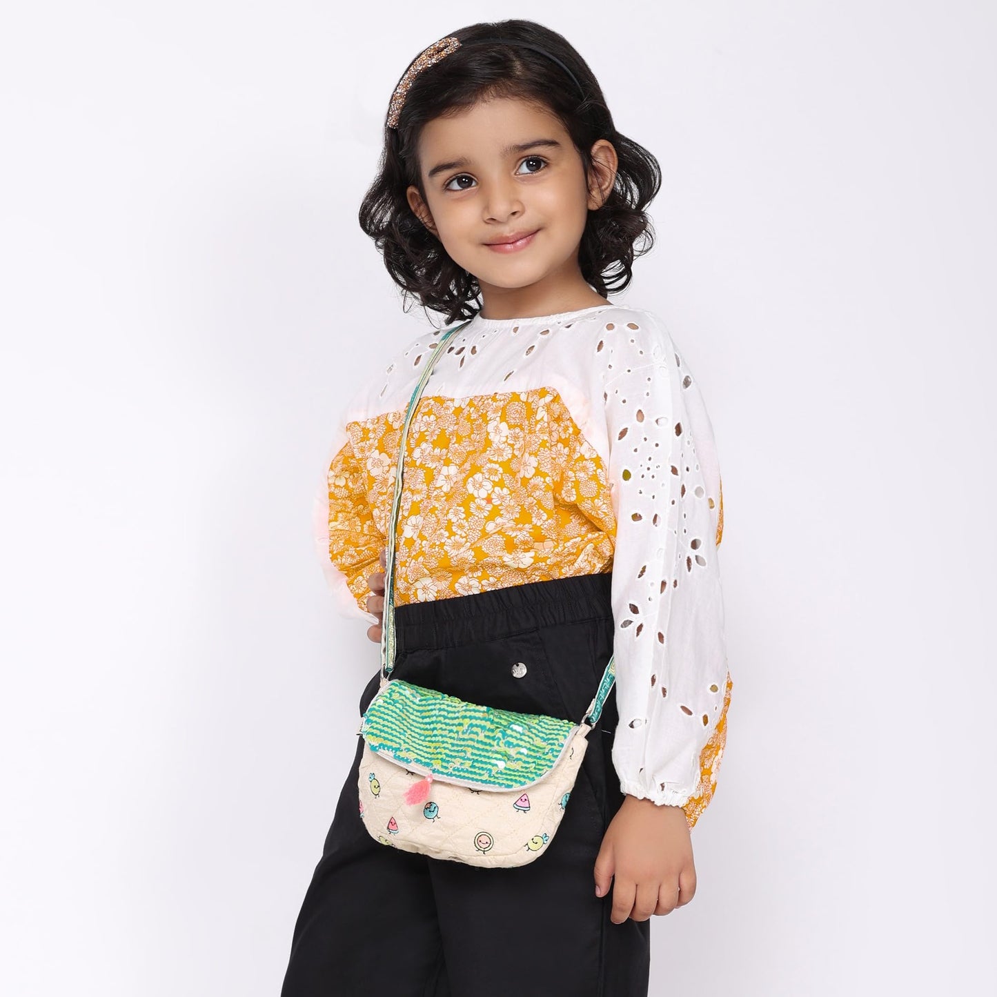 MASQ Little Girls Party Sling Bag, sequin-embellished, embroidered, sparkling with soft crossbody strap, cute and stylish for casual or gifting, Blue, Pink, Green, Multicolour