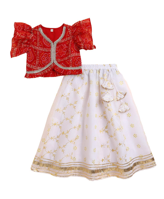 The Magic Wand Kota Doriya Ruffle Sleeves Lehenga Choli for Kids Baby Girls Bandhani Print Embellished Traditional Ethnic Lehenga Blouse for Festivals, Red, 2-3 Year