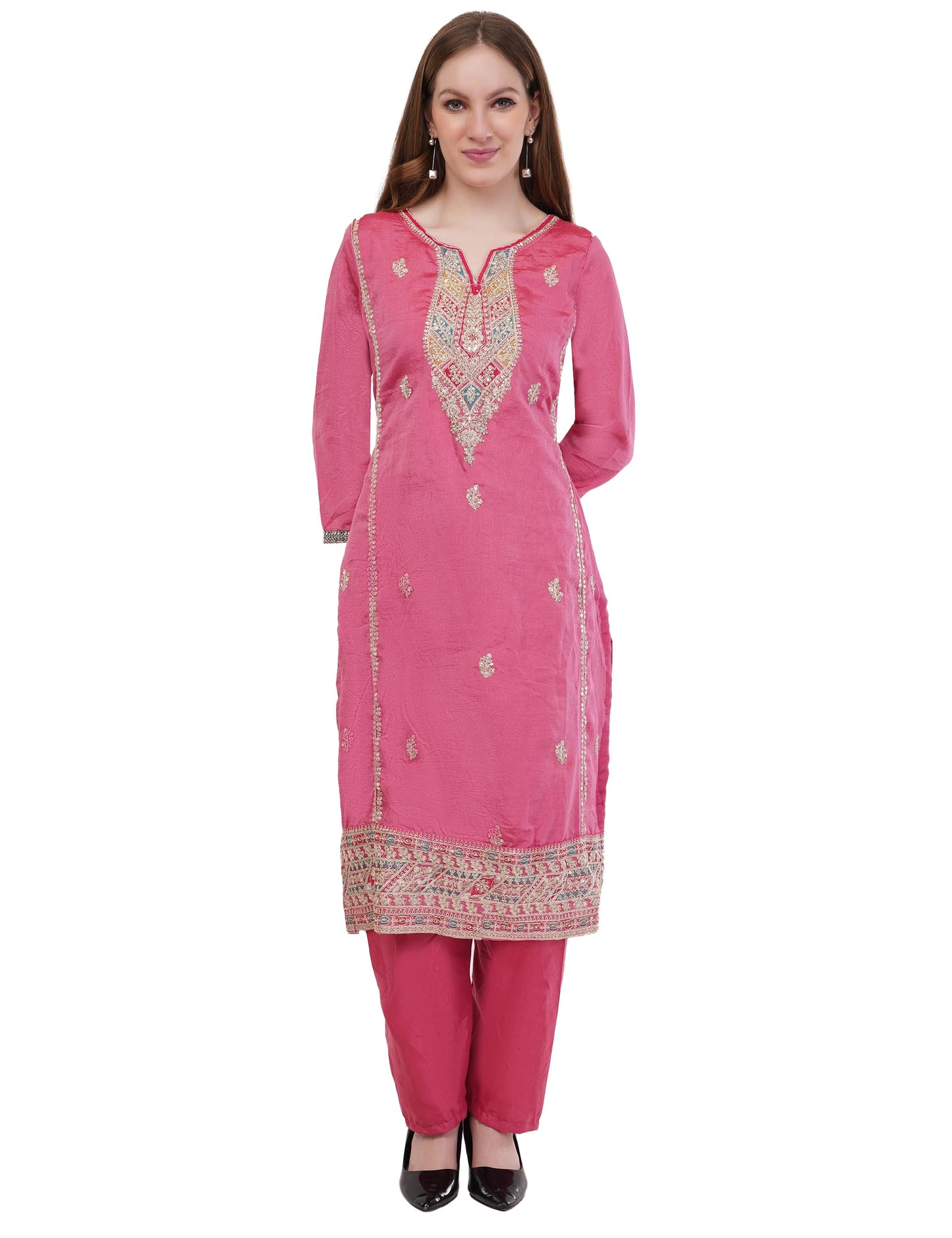 dhartii Vichitra Silk Suit Set for Women | Multi Thread & Zari Embroidery Stitch | 3- Piece Dress with Mix Colour Dupatta