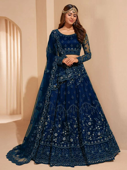 KEYURA Women's Traditional Net Embroidered SEMI-STICHED Lehenga Choli Set, with Silver Thread Work, Round Neck, 3 Piece Set (BLUE)
