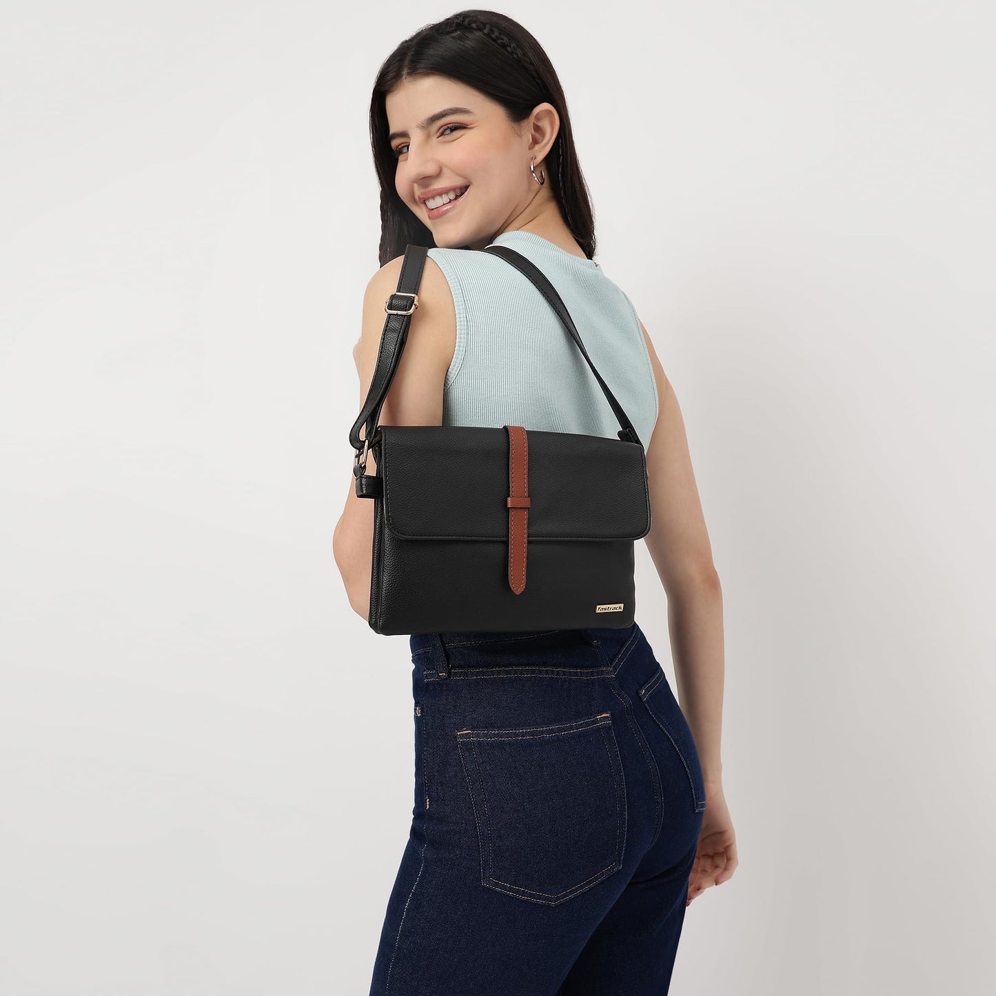 Fastrack Women Double Compartment Sling Bag with Side Zip Pocket | Adjustable Sling Belt, Inner Zip and Slip Pockets | Stylish Everyday Sling | Sling for Casual Carry