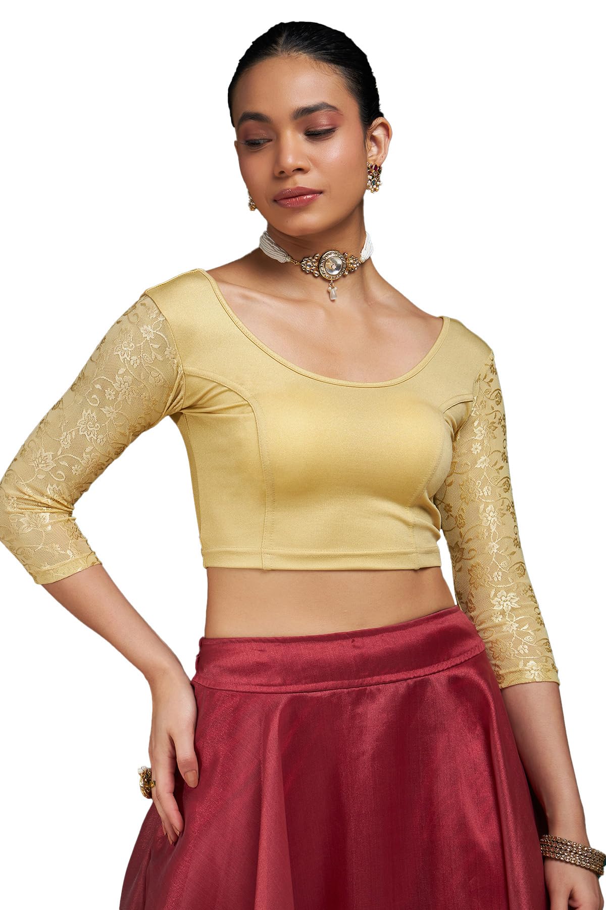 Soch Gold Spandex Prince Cut Blouse with Floral Sleeves