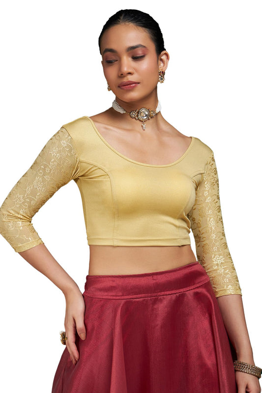 Soch Gold Spandex Prince Cut Blouse with Floral Sleeves