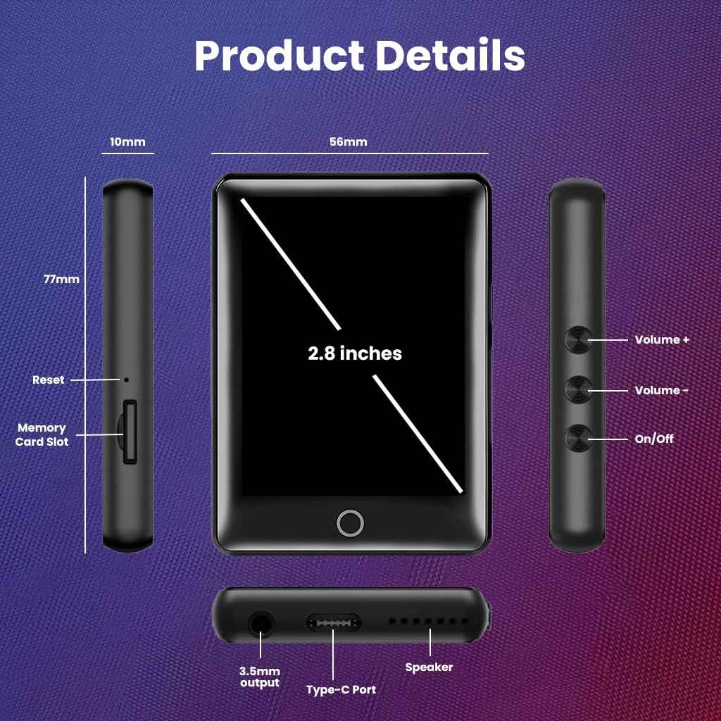 AUDIOCULAR M41 32GB Mp3 Player with Earphone, Portable Music Player, Bluetooth HiFi Digital Audio Player with 2.8” LCD Touch Screen, Built-in Speaker, Voice Recorder, Video Player, Support Upto128GB