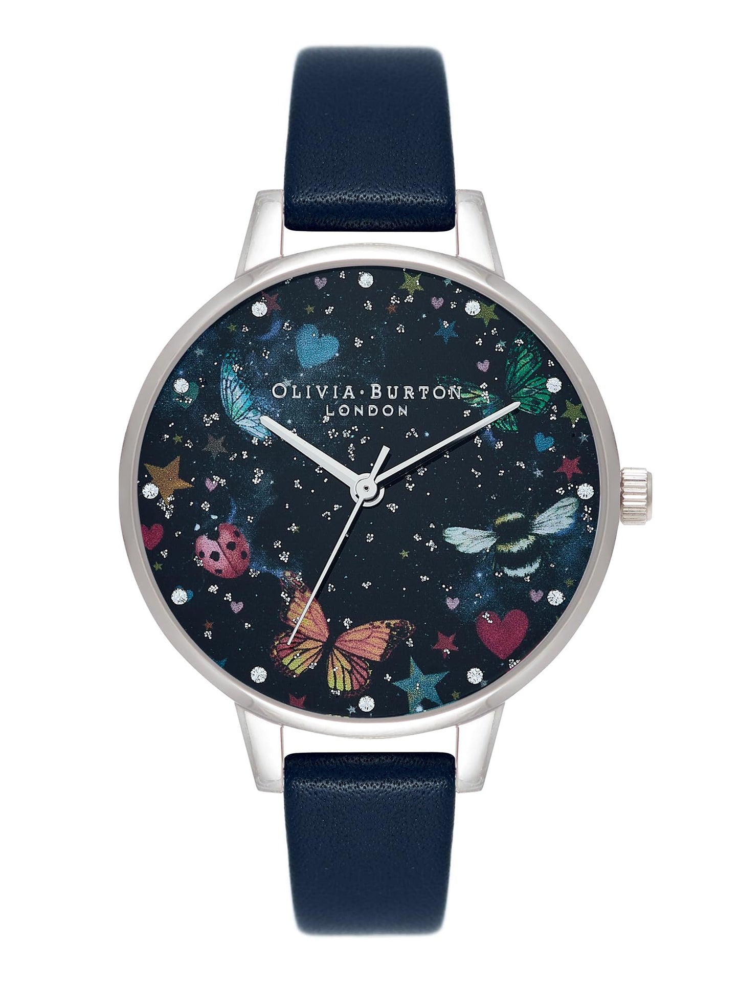 Olivia burton Night Garden Qtz Basic Slim White Mother of Pearl & 3D Print & Stone Round Dial Women's Watch|Navy Leather Material|Navy Color Band - OB16WG86