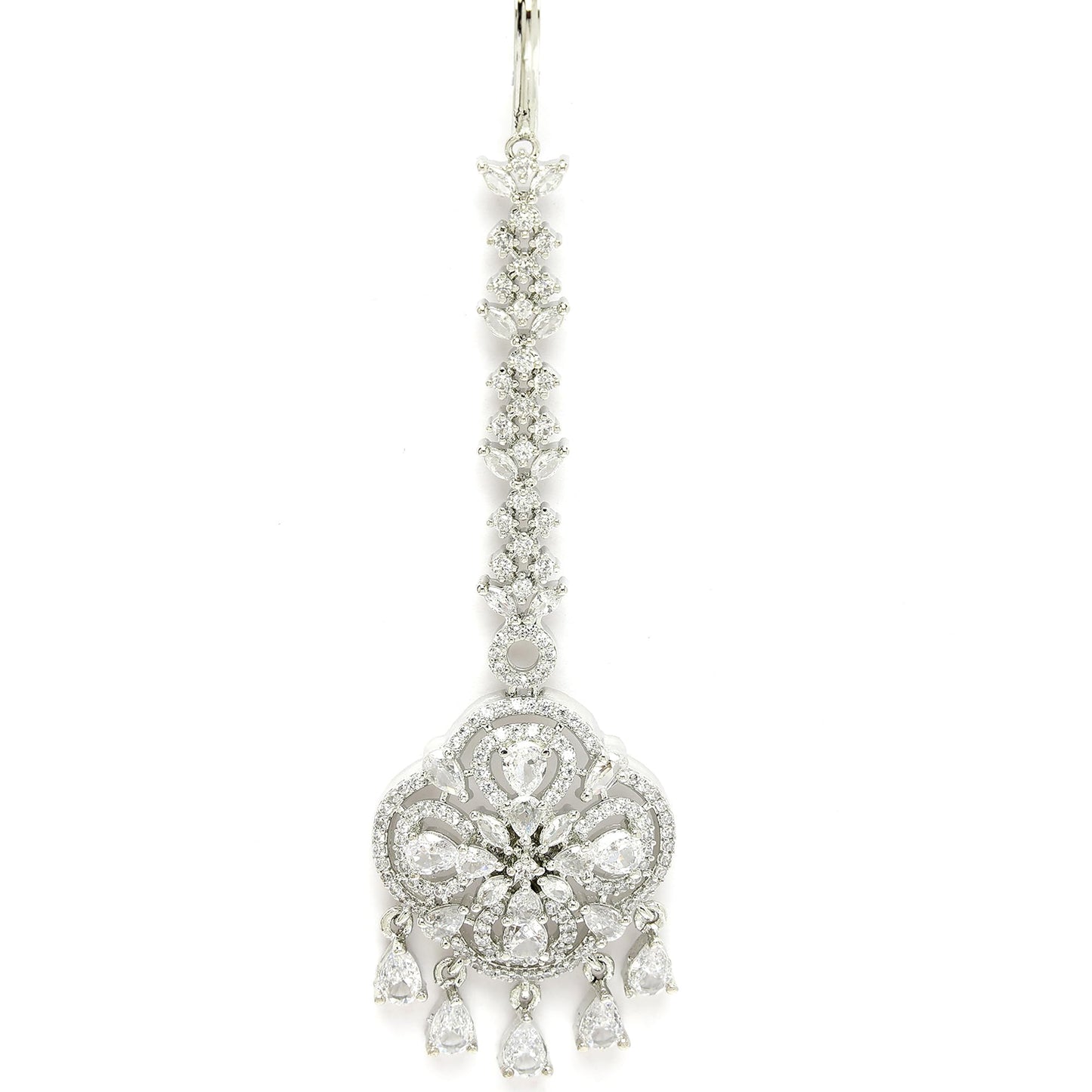 Zeneme Floral Brass Maang Tikka for Wedding Rhodium Plated American Diamond Studded Silver Toned Maang Tikka for Women & Gift For Girls (Sparkly Chandelier Maang Tikka)