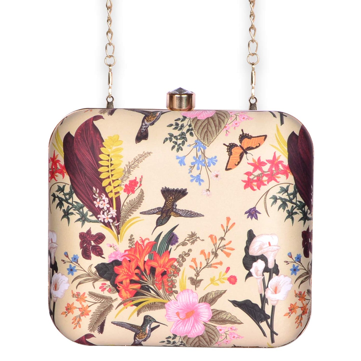 Artklim Beige Flower & Birds Print Hand Clutch for Women & Girls - Box Handbag with Chain Strap - Designer Evening Purse - for Wife