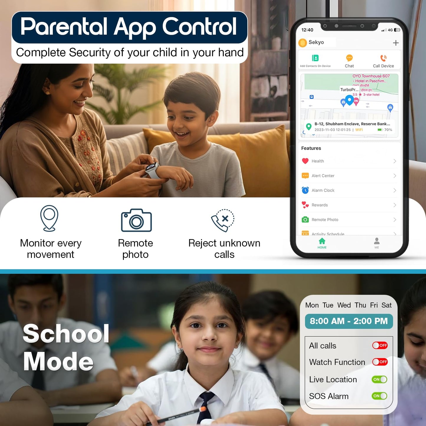 Sekyo 'Neo Fit' 4G Smart Watch for Kids | AI Learning Coach, Whatsapp, Video Calling, GPS Tracker, Health Monitoring, Habit Coach| Edu-Games, Step Count, Camera, SOS, Geo Fence, Sim Card |Parental App