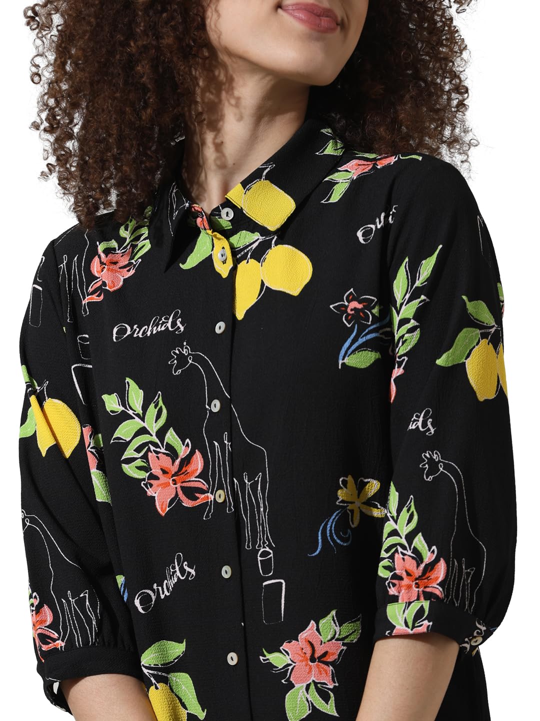 ONLY Women Printed Polyester Above Knee Black Shirt Dress