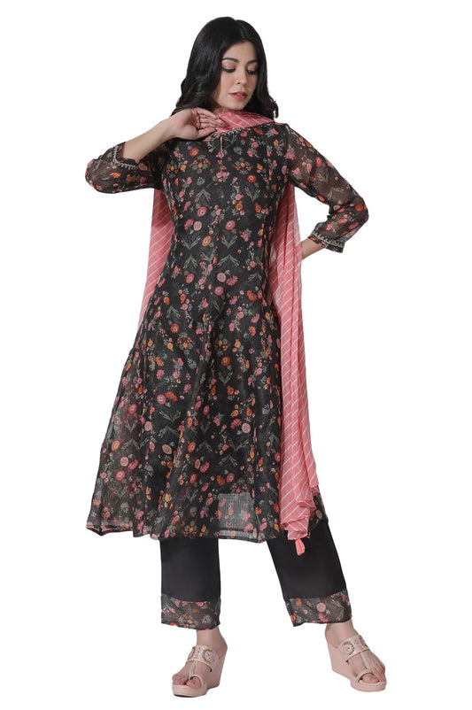 W for Woman Dark Brown Panelled Printed Kota Kurta, Pants and Dupatta Set_24FEWS11022-123350_M