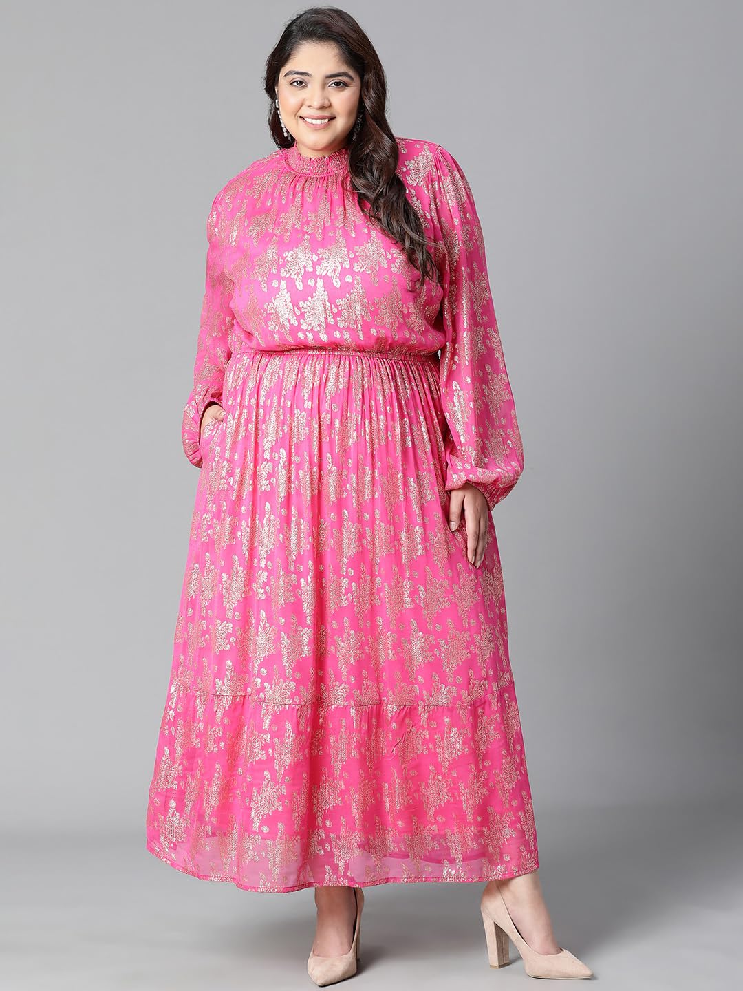 oxolloxo Women Plus Size Pink Round Neck Long Sleeve Elasticated Waist Golden Foil Print with Lining Dress