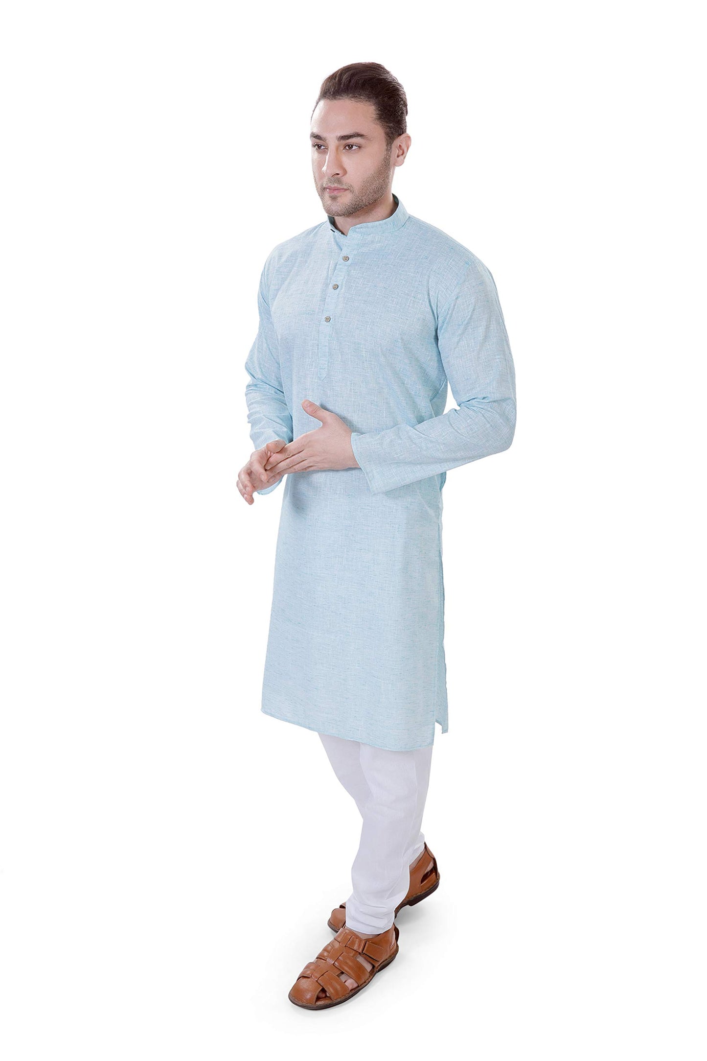 LUCKWIN Cotton Linen Regular Fit, Mandarin Collar, Full Sleeves Kurta Pajama Set in Green for Men [LWKP020-42]