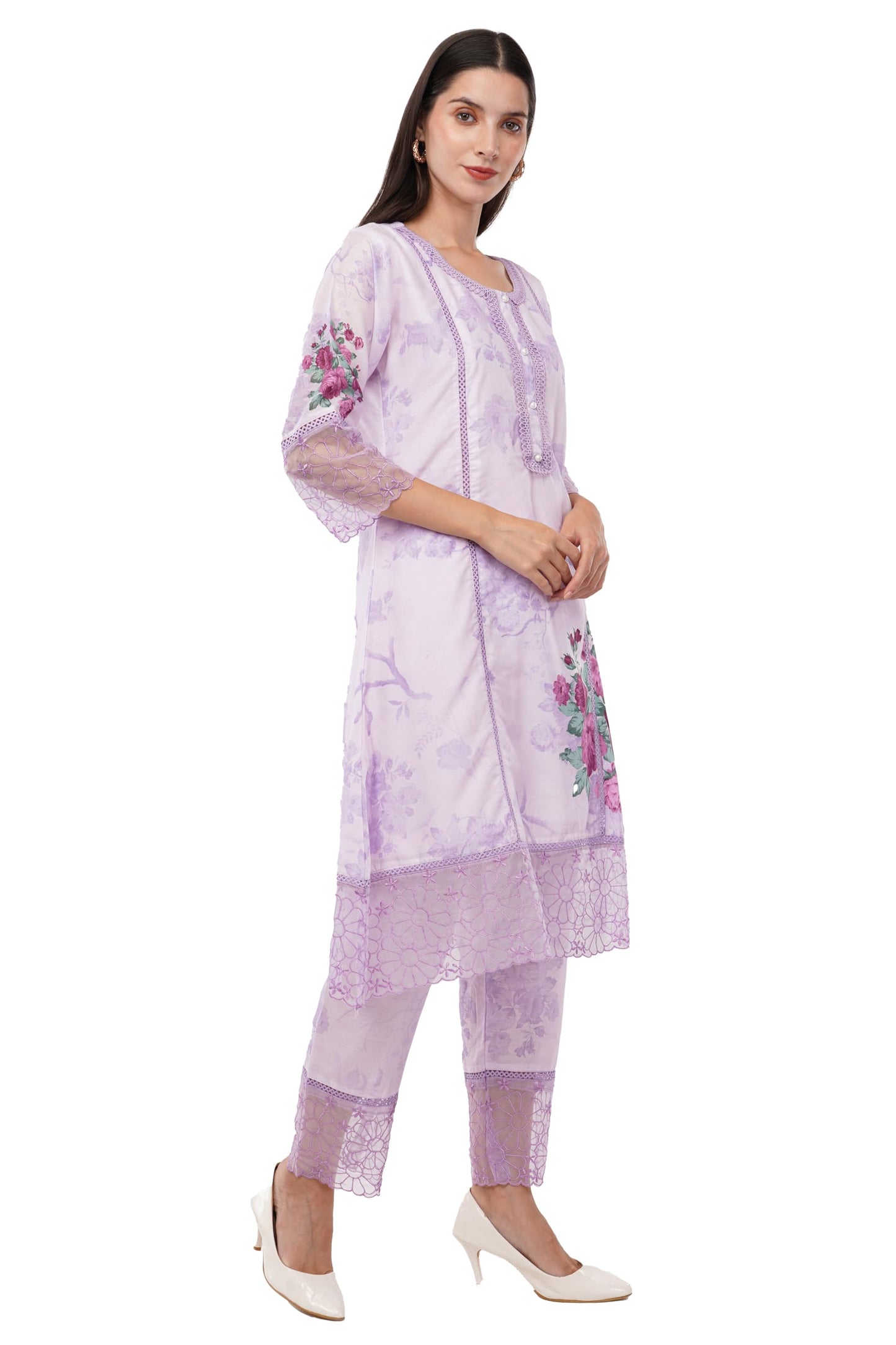 dhartii Lavender Suit Set for Women | Breathable Soft Cotton fabric for Effortless Comfort | 3- Piece Floral Printed Dress with Stylish Sheer Detailing | Elegant Ethnic Wear with a Relaxed Fit |