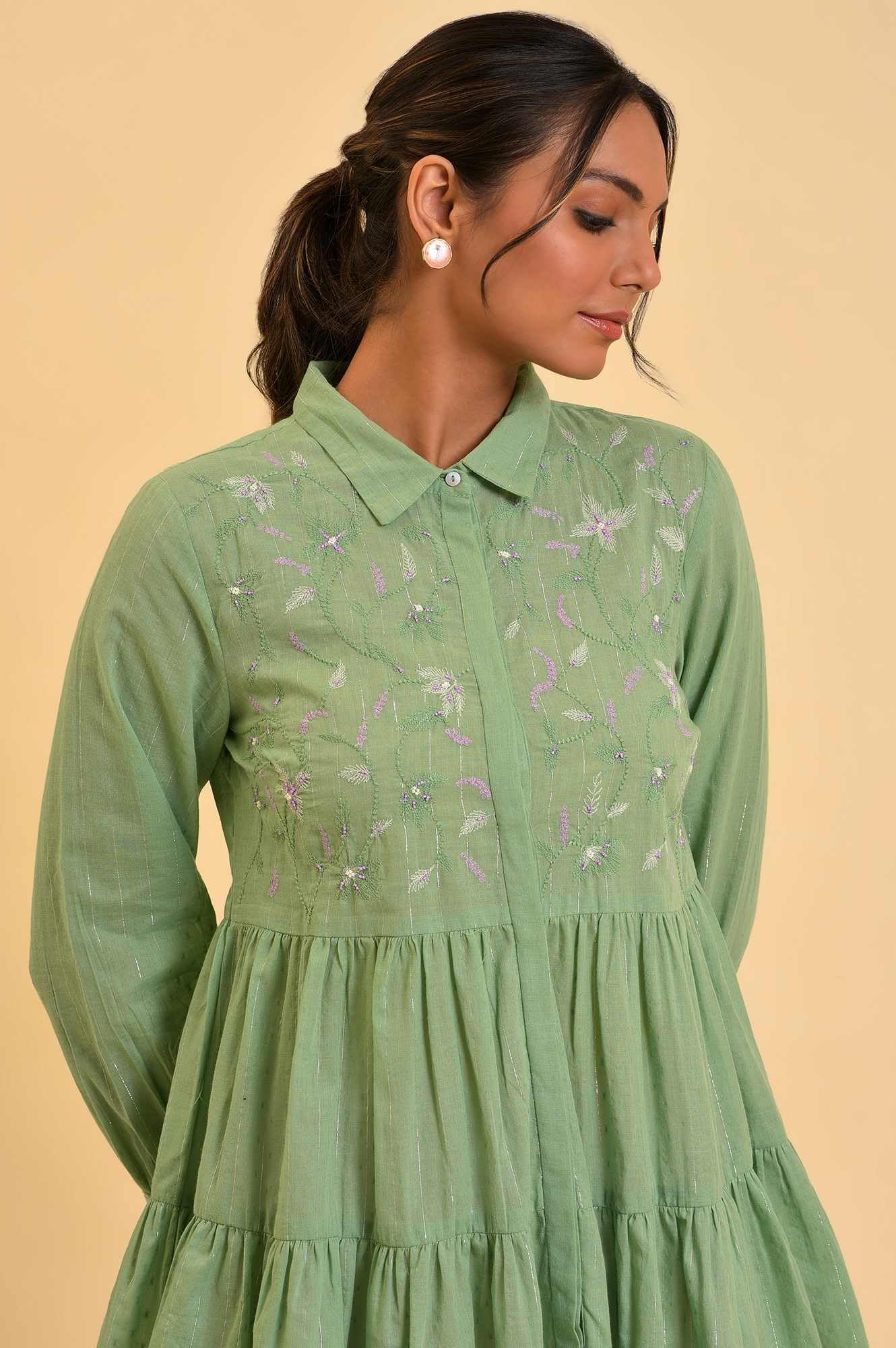 W for Woman Green Lurex Stripes Embroidered Tiered Top (Size: M)-23FEW31268-830263