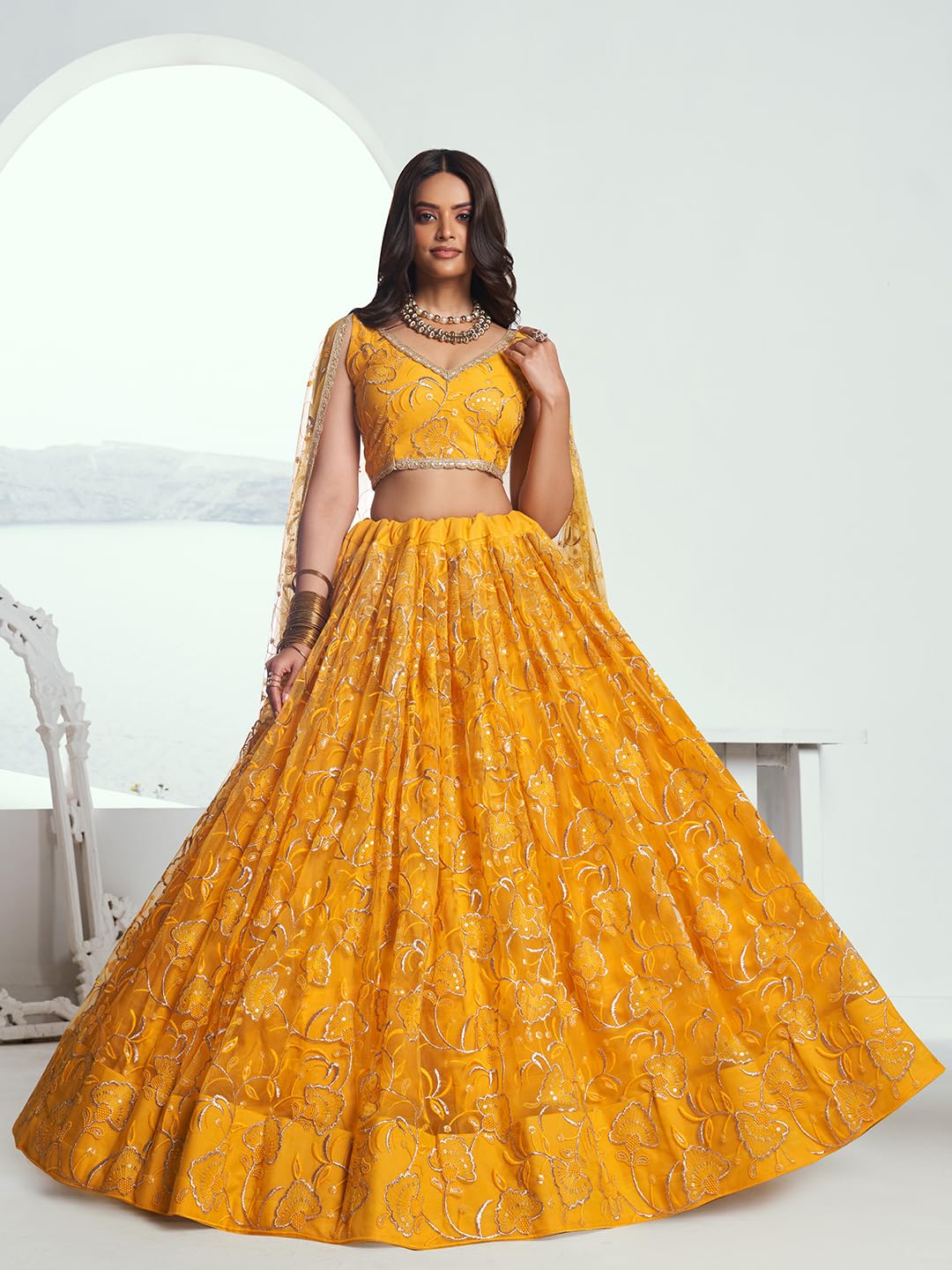 Zeel Clothing Women's Cotton Thread Sequins Work Embroidery Soft Net Readymade Lehenga Choli Set With Dupatta (Nfh-2204-Yellow-Women-Lehenga-Choli-Latest; Free Size)