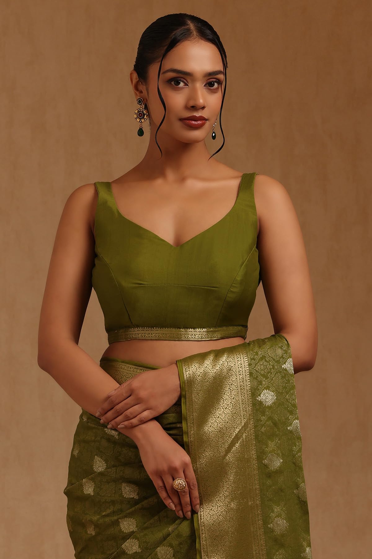 Soch Womens Olive Georgette Ethnic Motifs Zari Woven Saree