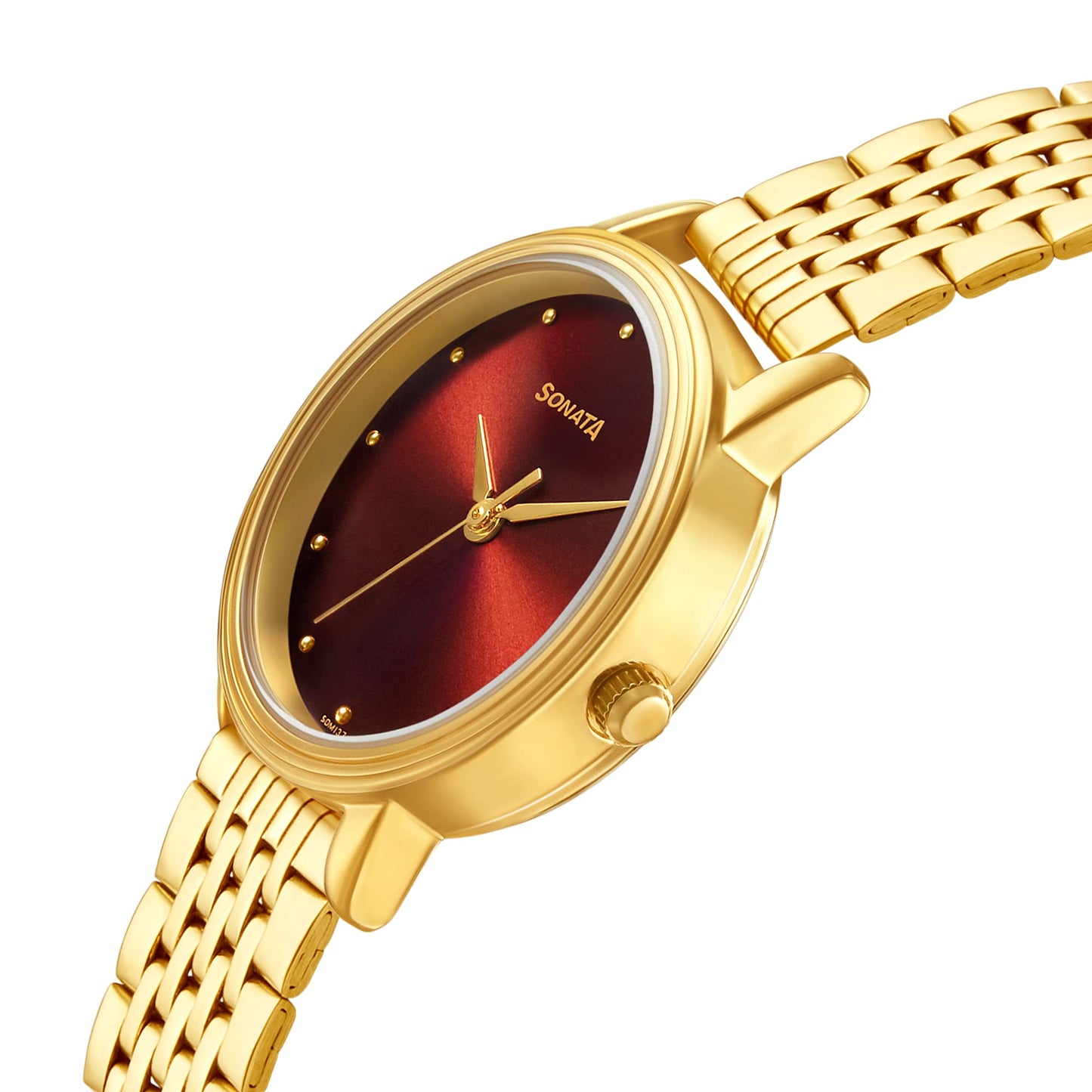 Sonata Gold Edit Maroon Dial Women Watch with Stainless Steel Strap-NS8175YM03
