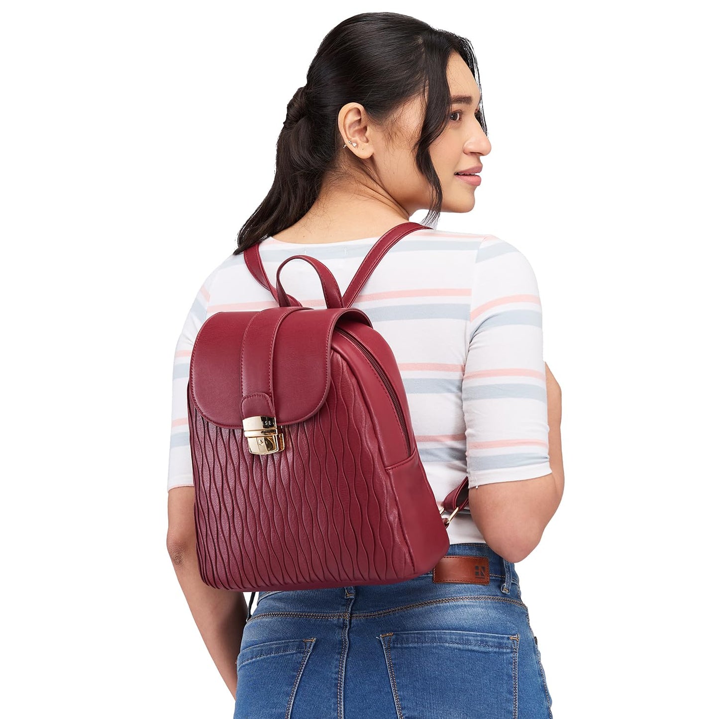 Caprese Shelbee Casual Backpack, Medium | Quilted Backpack for Women with Buckle Lock, Adjustable Shoulder Strap & Back Zip Closure | for Everyday Outings, College and Travel (Burgundy)