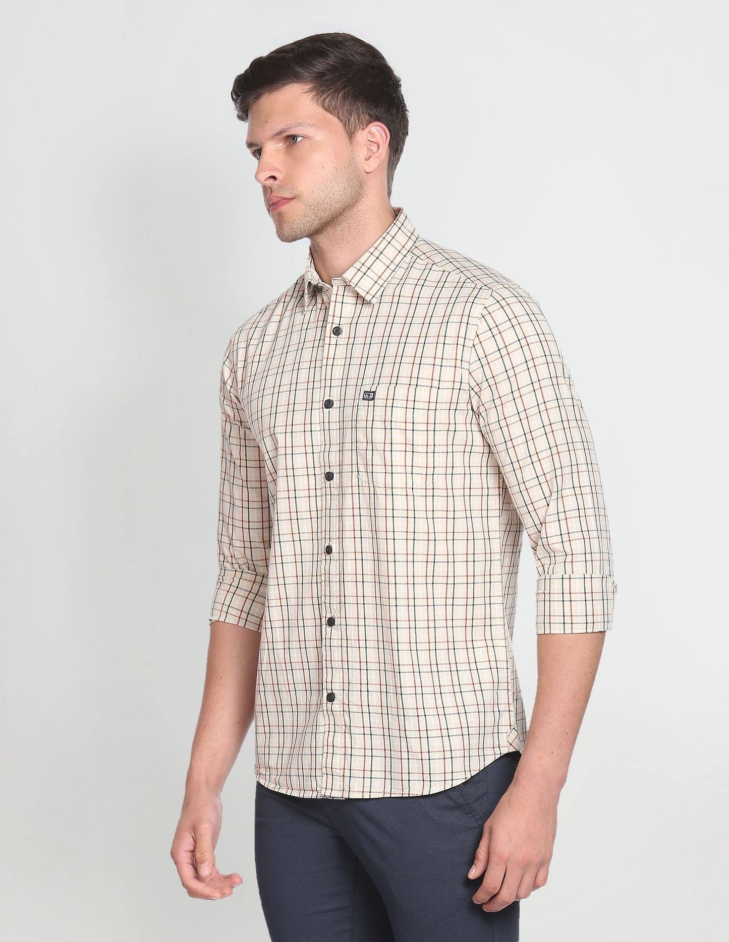 Arrow Men's Checkered Full Sleeve Slim Fit Point Collar Cotton Casual Shirt Beige
