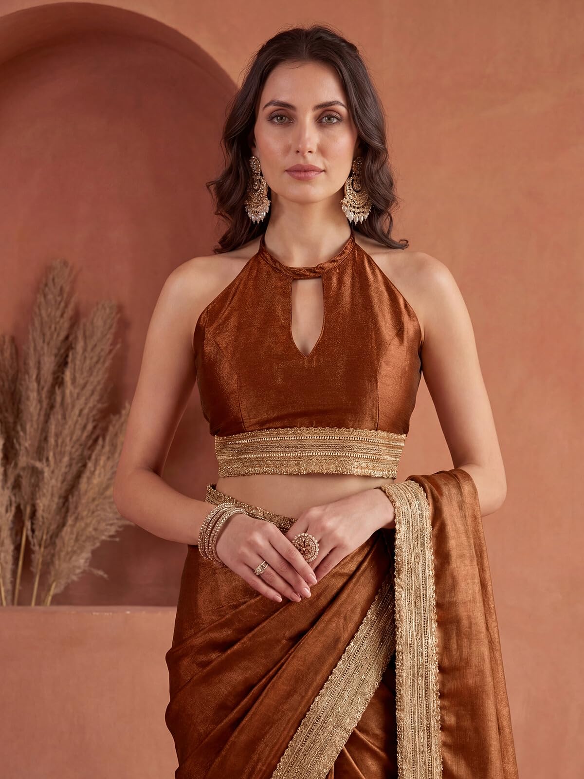 SIRIL Women's Chinnon Silk Gota Lace Saree with Unstitched Blouse Piece (5016S194A_Copper)