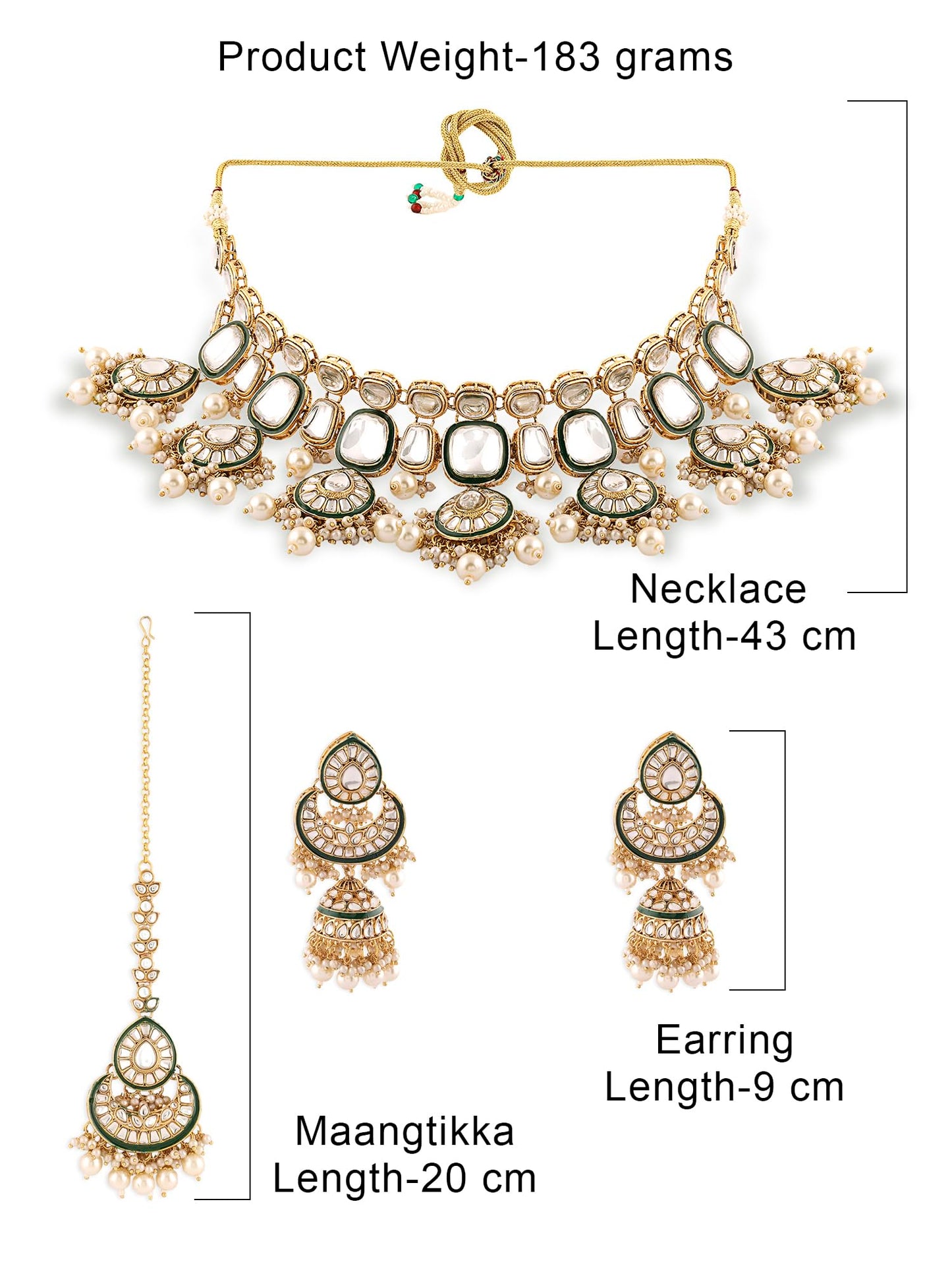 ZAVERI PEARLS Gold Tone & Green Enamel Kundan Artificial Stones & Pearls Drop Bridal Necklace Earring & Maangtikka Set For Women-ZPFK16933
