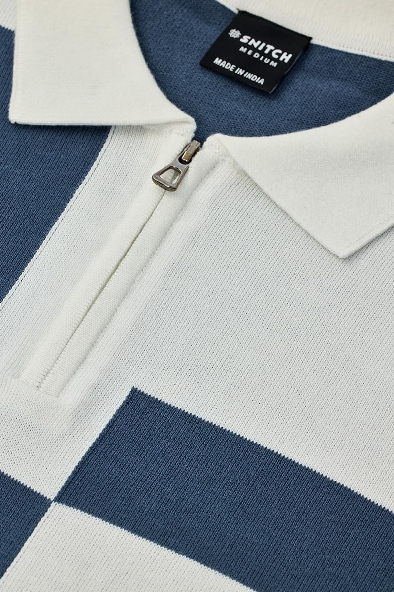 SNITCH Men's Polo T-Shirt | Colour Blocked Pattern & Color-Block Design | 100% Cotton Fabric, Zipper Neckline & Regular Fit | Casual Wear for Everyday Comfort | Blue