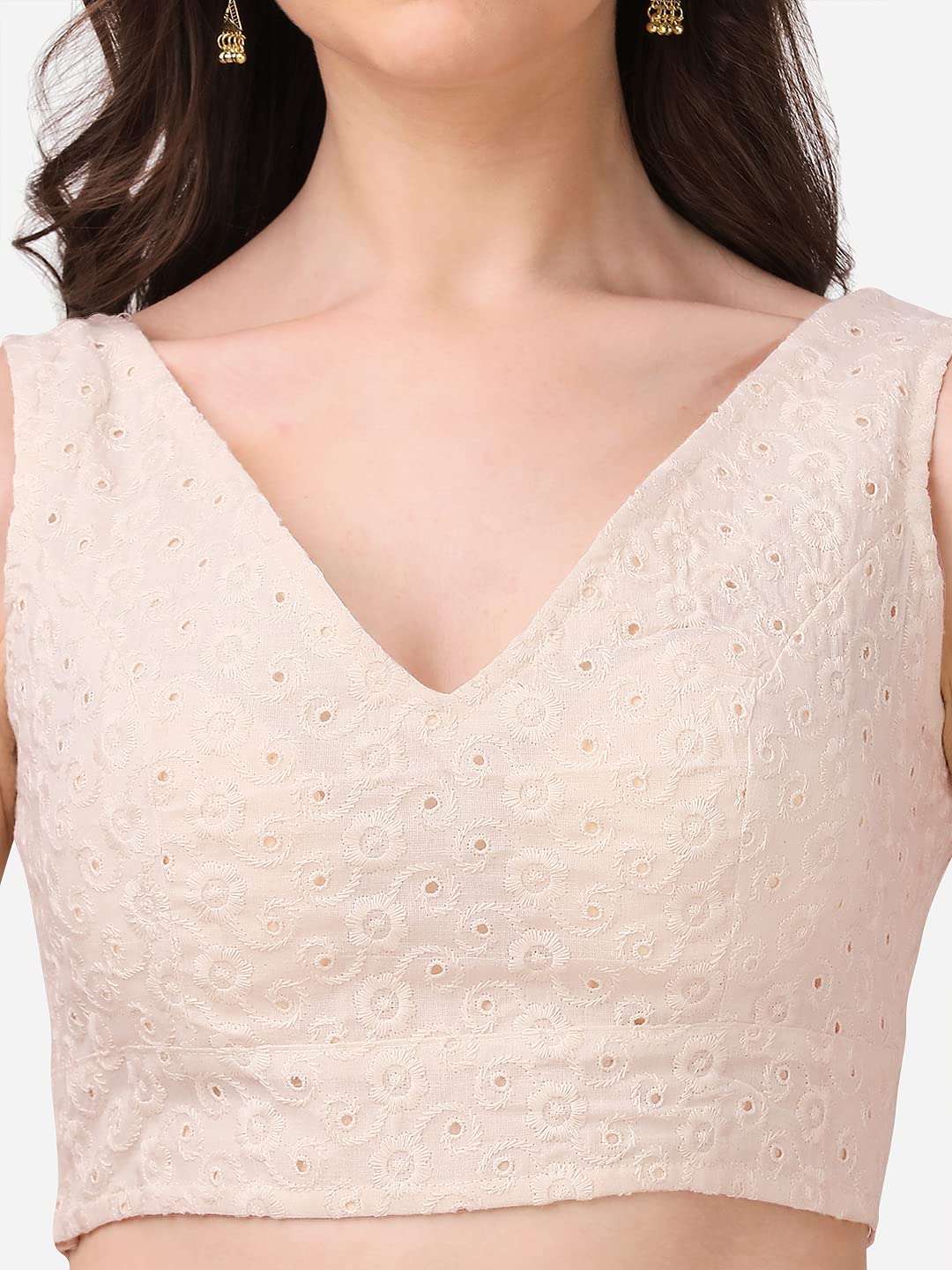 OOMPH! Women's Indian Ethnic Wear Designer Leaf Pattern V Neck Sleeveless Cotton Off-White Blouse for Saree or Lehnga and BlousePalazzos or Skirts for a Fusion Twist.