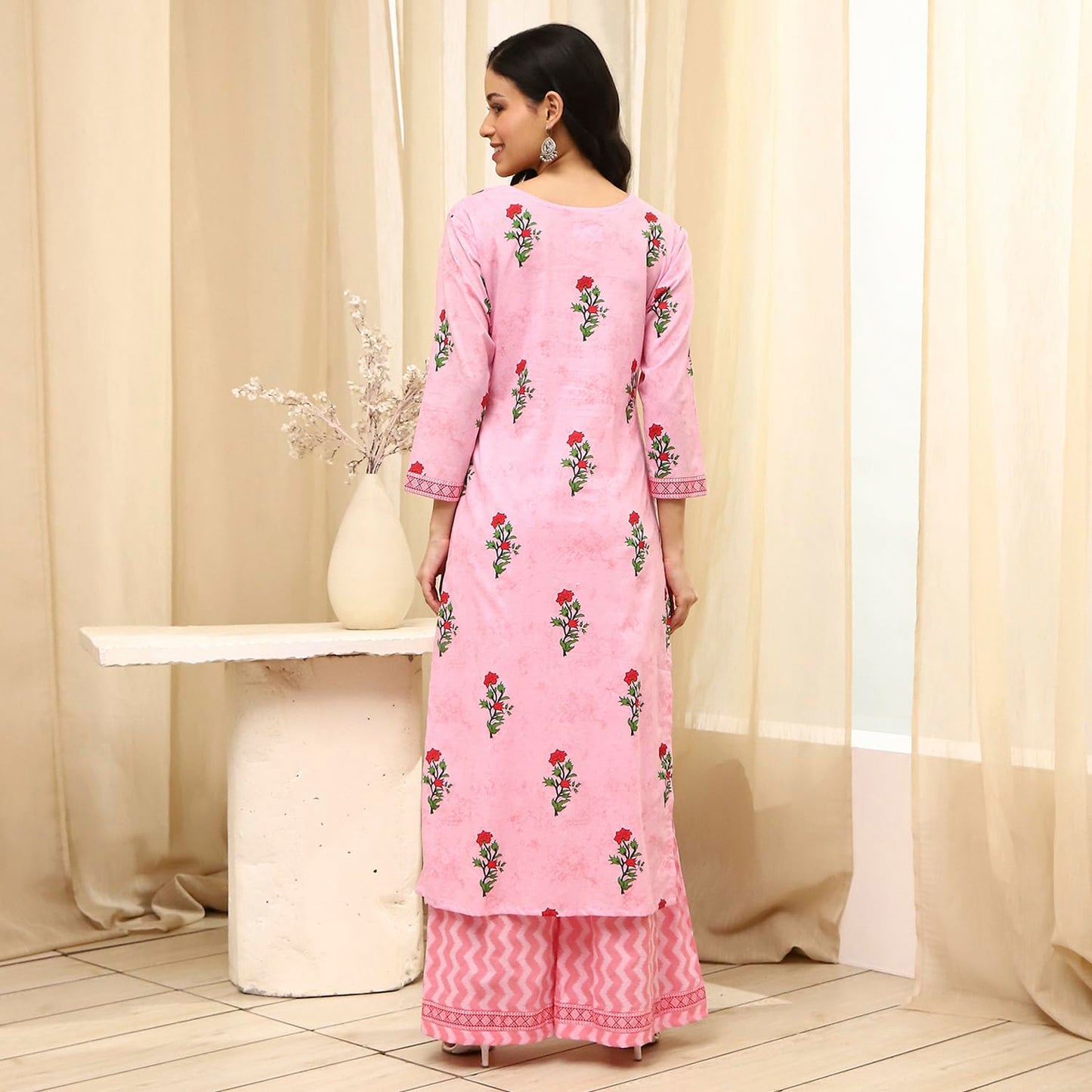 BIBA Women Pink Cotton Screen Print Unstitched Suit Set_FREE SIZE